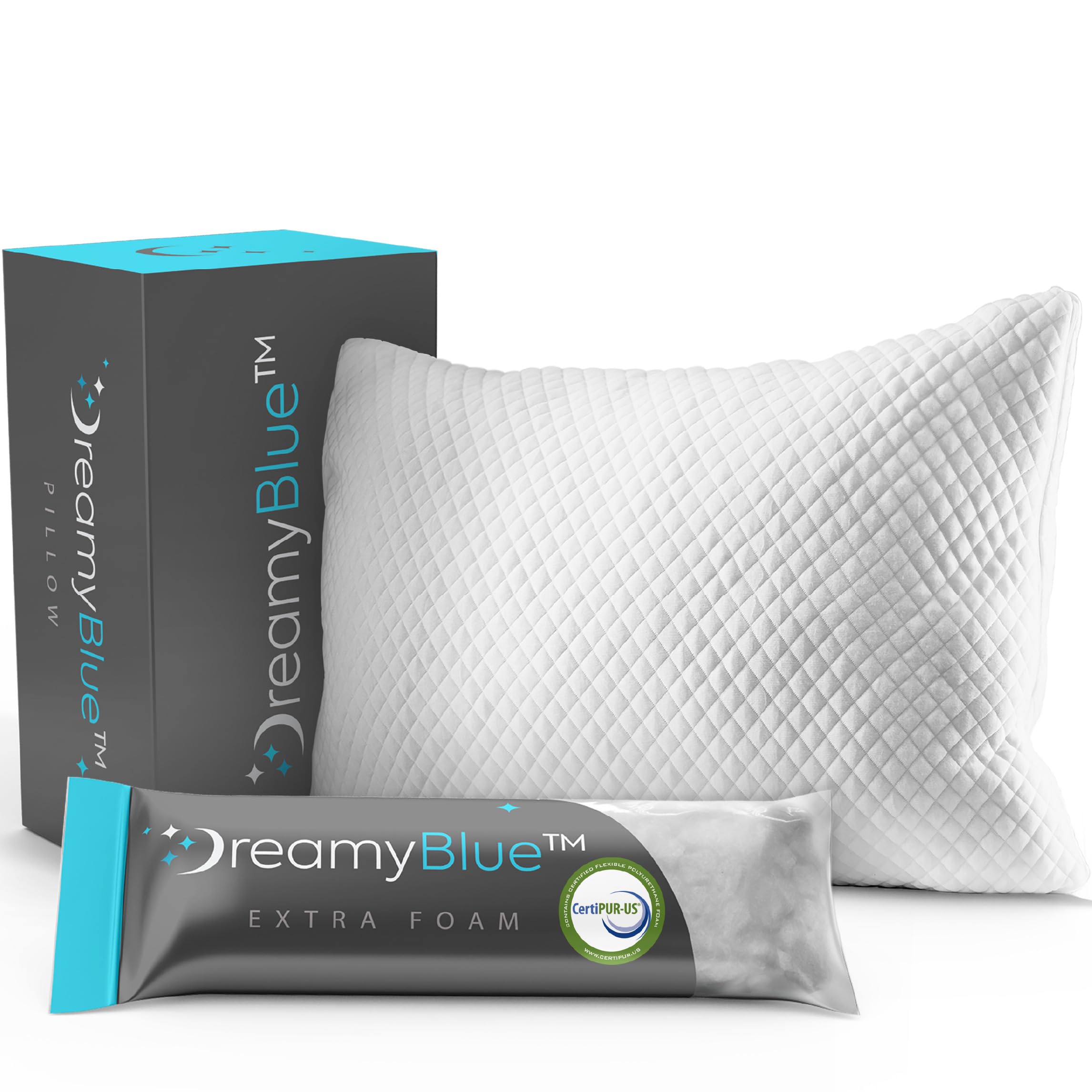 DreamyBlue Signature Kissen mit anpassbarer Höhe – Füllung aus geschreddertem Memory-Schaum – neutrale Ausrichtung für Seiten-, Rücken- und Bauchschläfer – waschbarer Bezug aus Bambus-Viskose – CertiPUR-US-zertifizierter Schaumstoff (Queen)