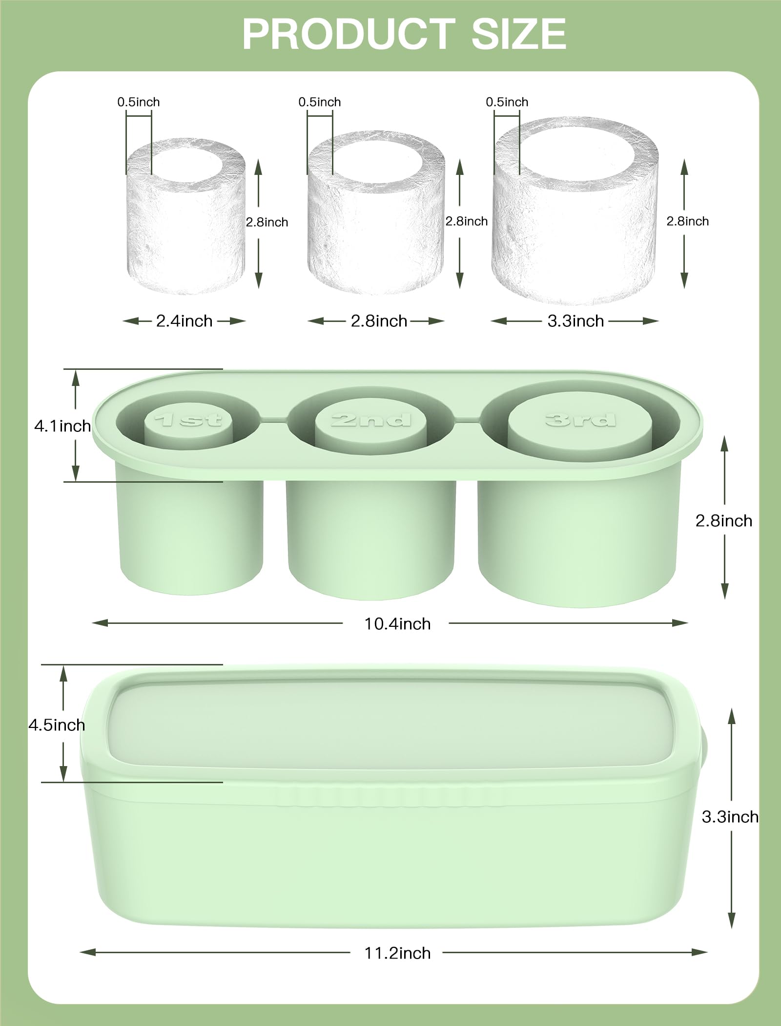 Ice Cube Tray for Tumbler Cup 30Oz-40Oz, 3 Pcs Silicone Cylinder Ice Mold with Lid and Bin for Freezer, Easy Fill and Release Ice Maker for Whiskey, Cocktail BPA-Free