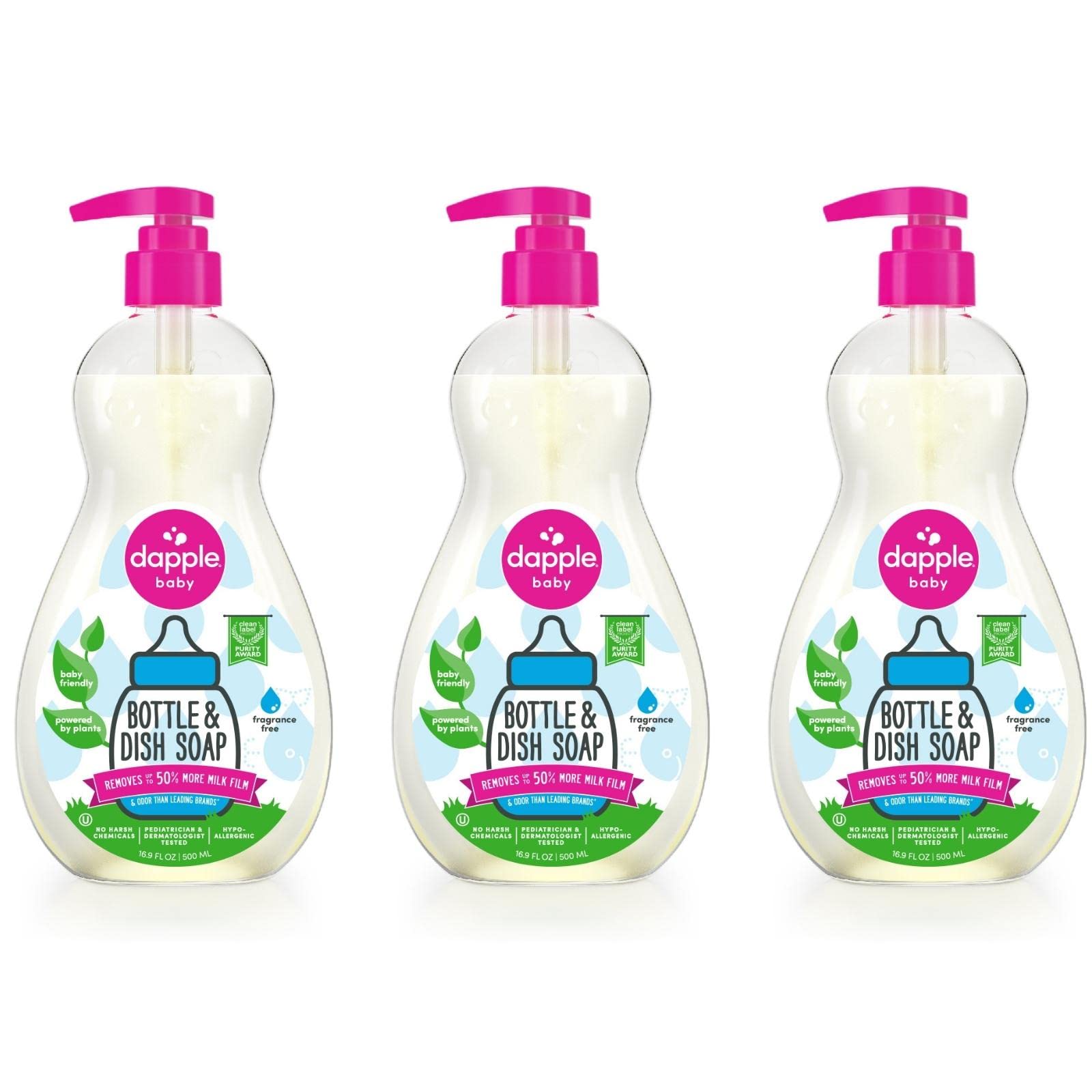 Dapple Baby Bottle Soap, Hypoallergenes Spülmittel für Babyflaschen, auf pflanzlicher Basis, 1 Pumpenflasche enthalten, Verpackung kann variieren, parfümfrei, 500 ml (3er-Pack)