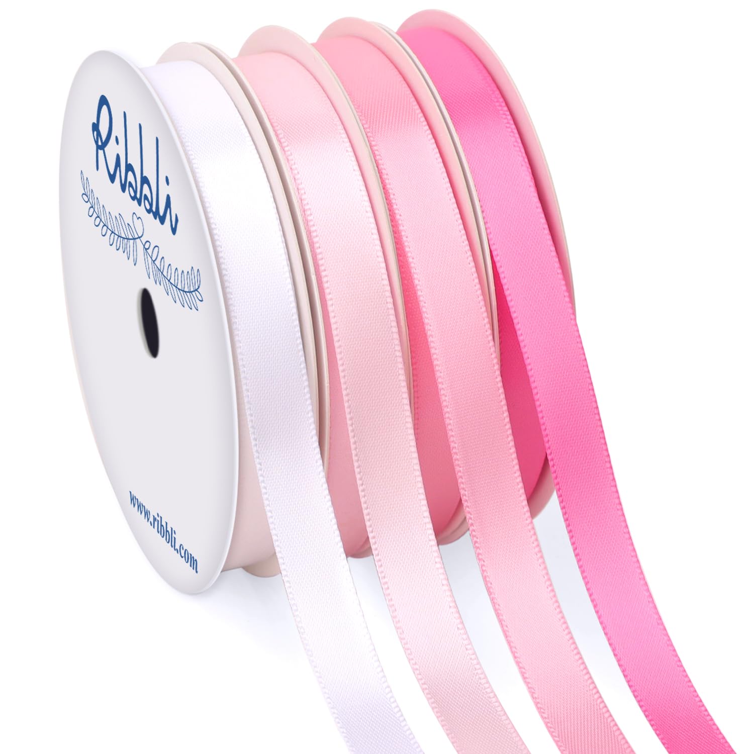Ribbli Rosa Satinband 9,5 mm x 4 Rollen insgesamt 36,5 Meter - Weißes rosa Band zum Geschenkeverpacken Basteln Hochzeitsdekoration