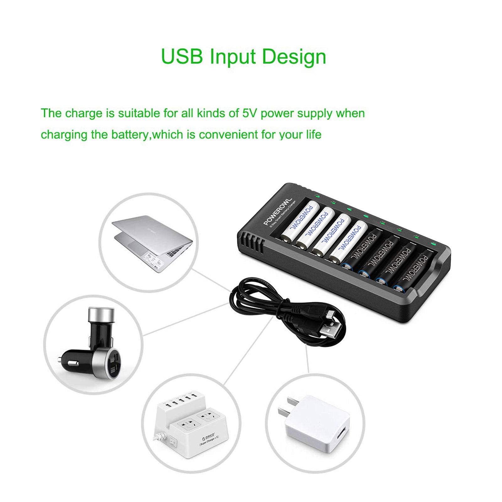Rechargeable AA Batteries with Charger, POWEROWL 8 Pack of 2800mAh High Capacity Low Self Discharge Ni-MH Double A Batteries with Smart 8 Bay Battery Charger (USB Fast Charging, Independent Slot)