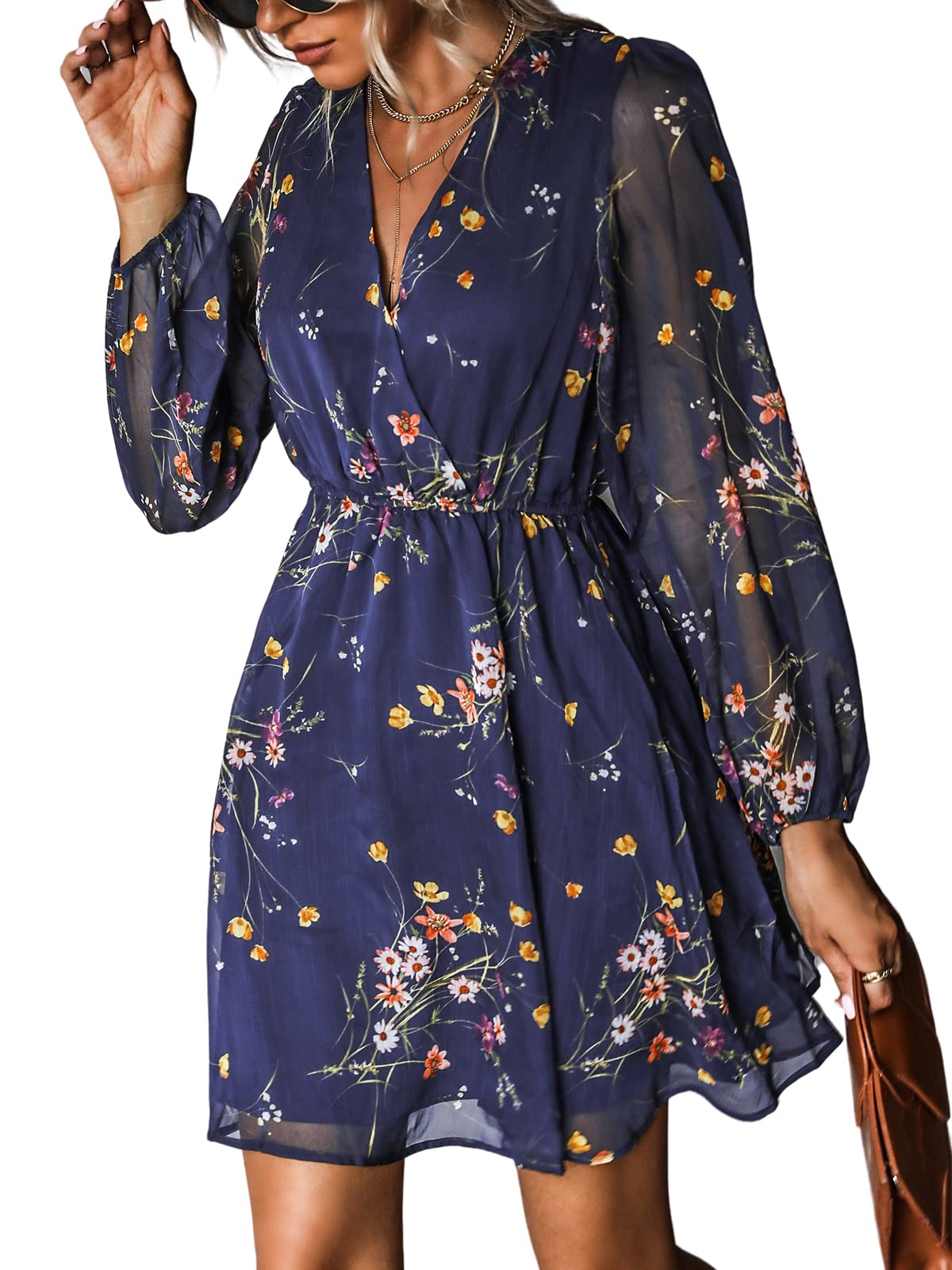 CUPSHE Women's Floral Print Sheer Chiffon A-Line Mini Dress Long Peasant Sleeves Elastic Autumn Dress,L