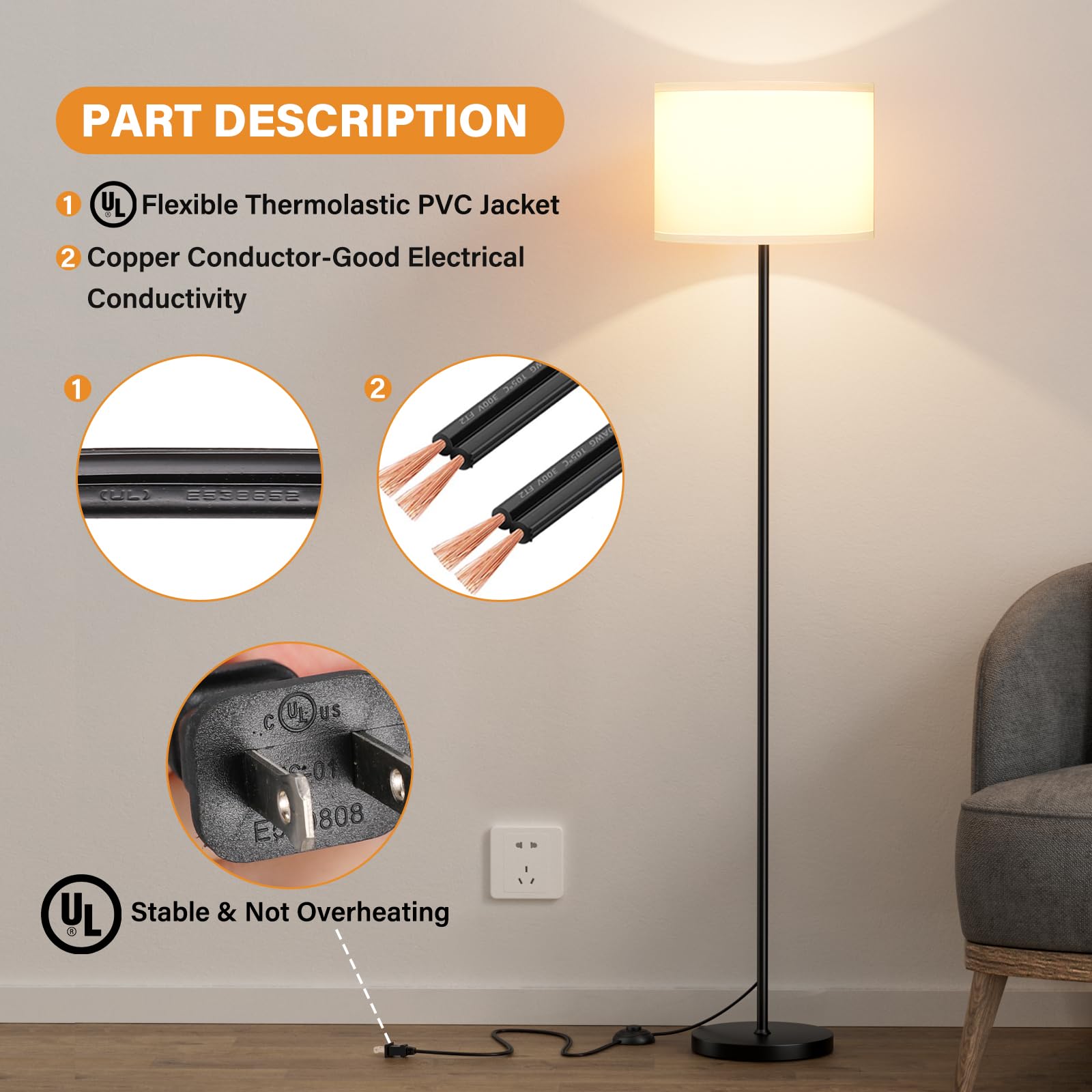 Modern Floor Lamp Simple Design with White Shade, Foot Pedal Switch, 60" Small Tall Lamps for Living Room Bedroom Office Dining Room Kitchen, Black Pole Lamp(Without Bulb)