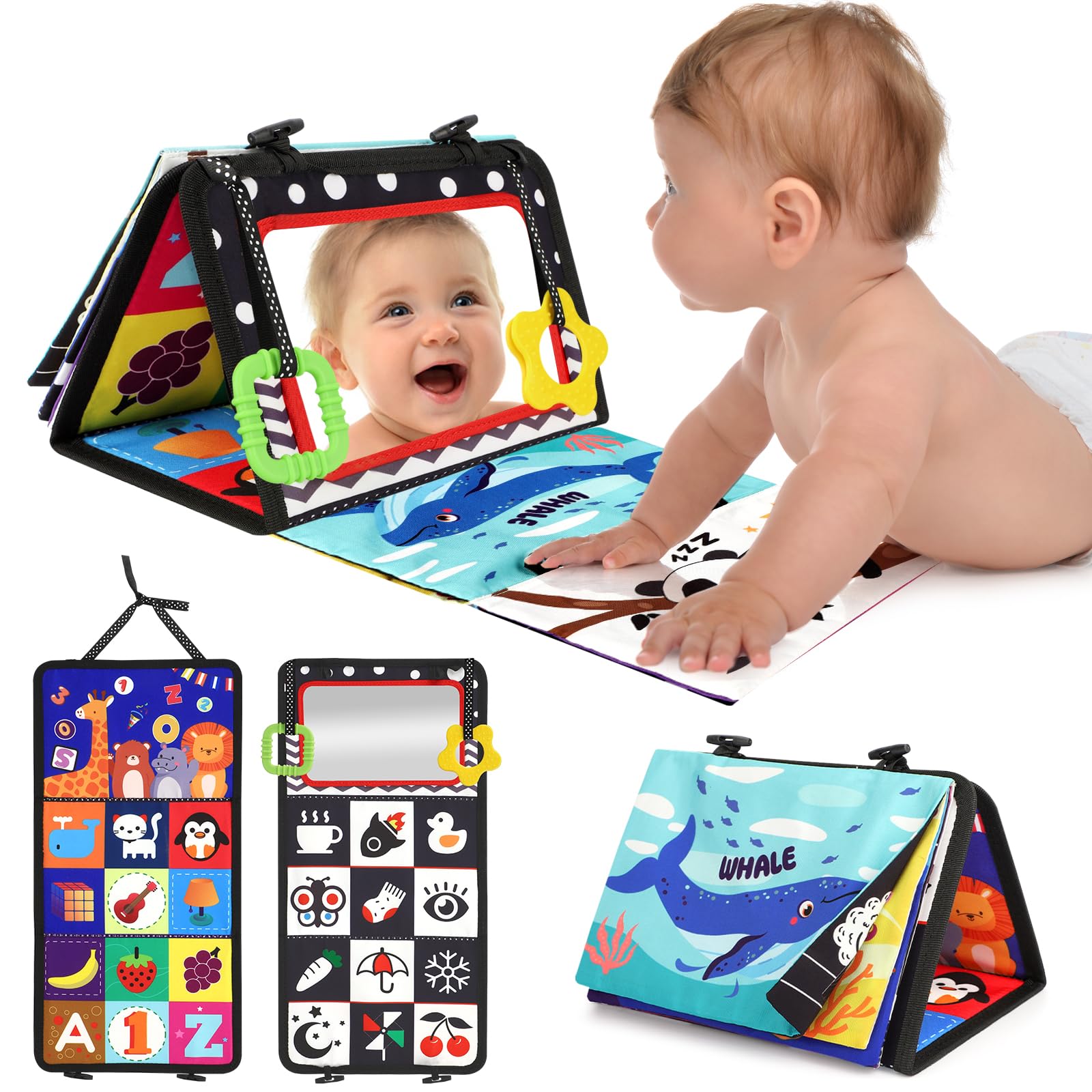 URMYWO Tummy Time Toy - Black and White High Contrast Baby Toys for Newborn - Baby Visual Stimulation Mirror - Montessori Sensory Crinkle Toy for Infant 0-3-6-12 Months - Shower Gift for Boy Girl