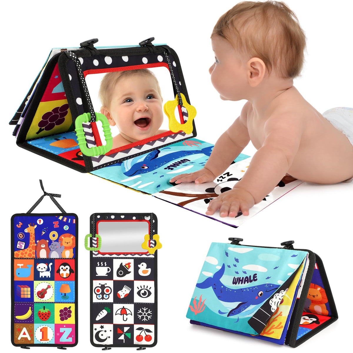 URMYWO Bauchlage Spielzeug – Schwarz-Weiß-Spielzeug mit hohem Kontrast für Neugeborene – Babyspiegel zur visuellen Stimulation – Montessori-Sensorik Knistertier für Babys von 0-3-6-12 Monaten – Geschenk zur Babyparty für Jungen und Mädchen