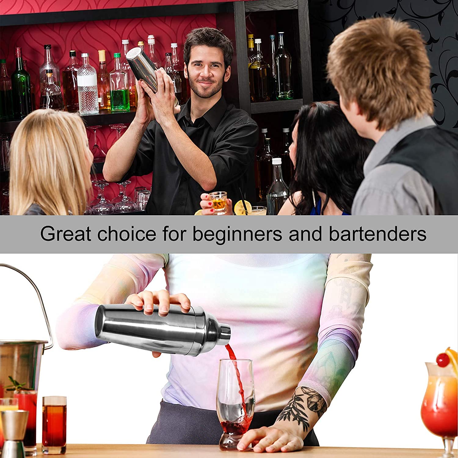 WPHUAW 24oz Cocktail Shaker Bar Set-Professional Margarita Mixer Drink Shaker and Measuring Jigger & Mixing Spoon Set-Professional Stainless Steel Bar Tools Built-in Bartender Strainer for Martini Kit