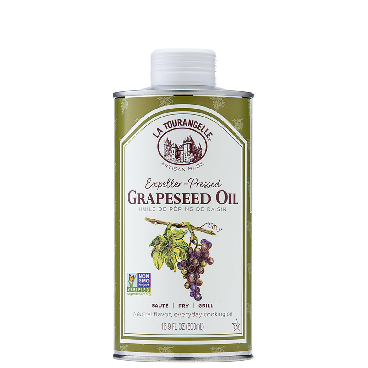 La Tourangelle, Expellergepresstes Traubenkernöl, hitzebeständiges neutrales Speiseöl, zum Einbrennen von Gusseisen, auch hervorragend für Haut, Haar und DIY-Schönheitsrezepte, 16,9 fl oz