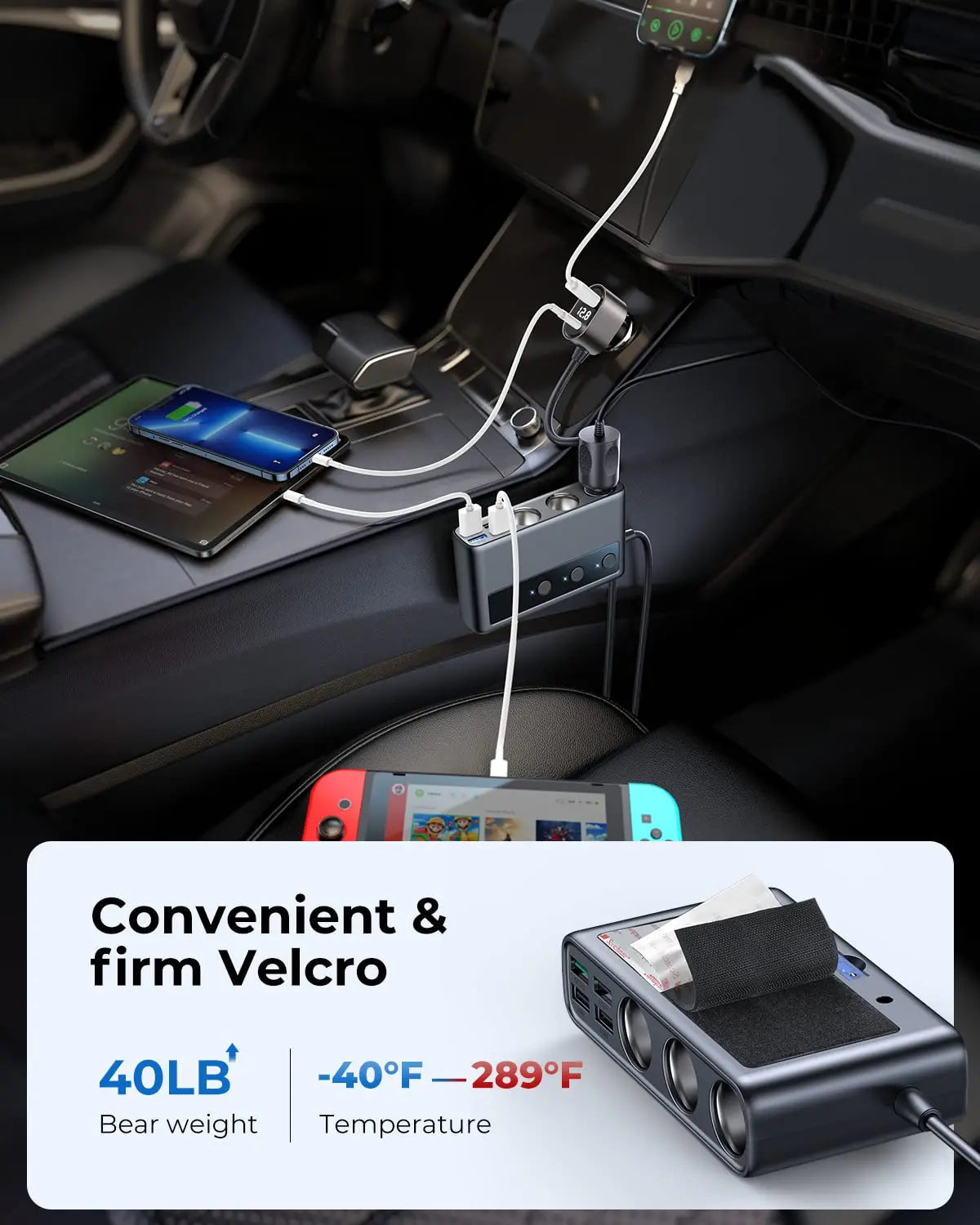 9 in 1 Cigarette Lighter Splitter, JOYROOM 210W Cigarette Lighter Adapter with PD/QC 3.0 * 2 Charge(3.3FT Cable), 12V/24V Independent Switches DC Cigarette Outlet Car Charger for All Car Devices