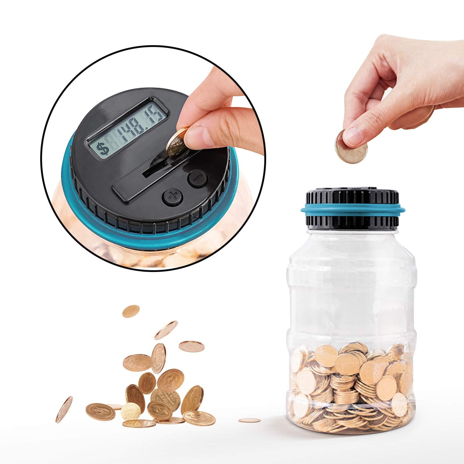 Large Piggy Bank for Boys Adults, Vcertcpl Digital Coin Counting Bank with LCD Counter, 1.8L Capacity Coin Bank Money Jar for Adults, Designed for All US Coins (Blue)