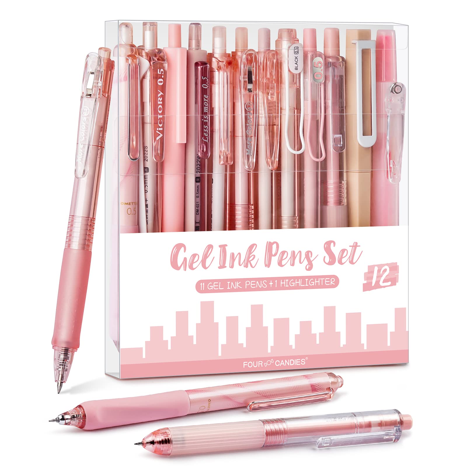 Vier Candies Gelstifte aus der Rose-Serie, süße Schreibstifte mit schwarzer und pinker Tinte, 0,5 mm feine Spitze, Schreibwaren für den Schulanfang und das Büro, ästhetische Schreibtisch-Accessoires für Frauen, 12er-Set