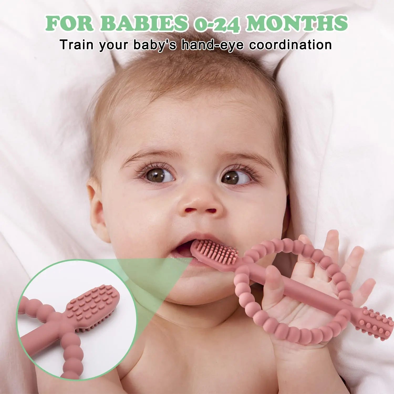 Baby Teething Toys with Easy-Hold Handle, Silicone Infant Toothbrush, Textured On Both Sides Helps Massage, Soothe Sore Gums, Teething Toys for Babies 0-6 Months, 6-12 Months Bright Green & Caramel