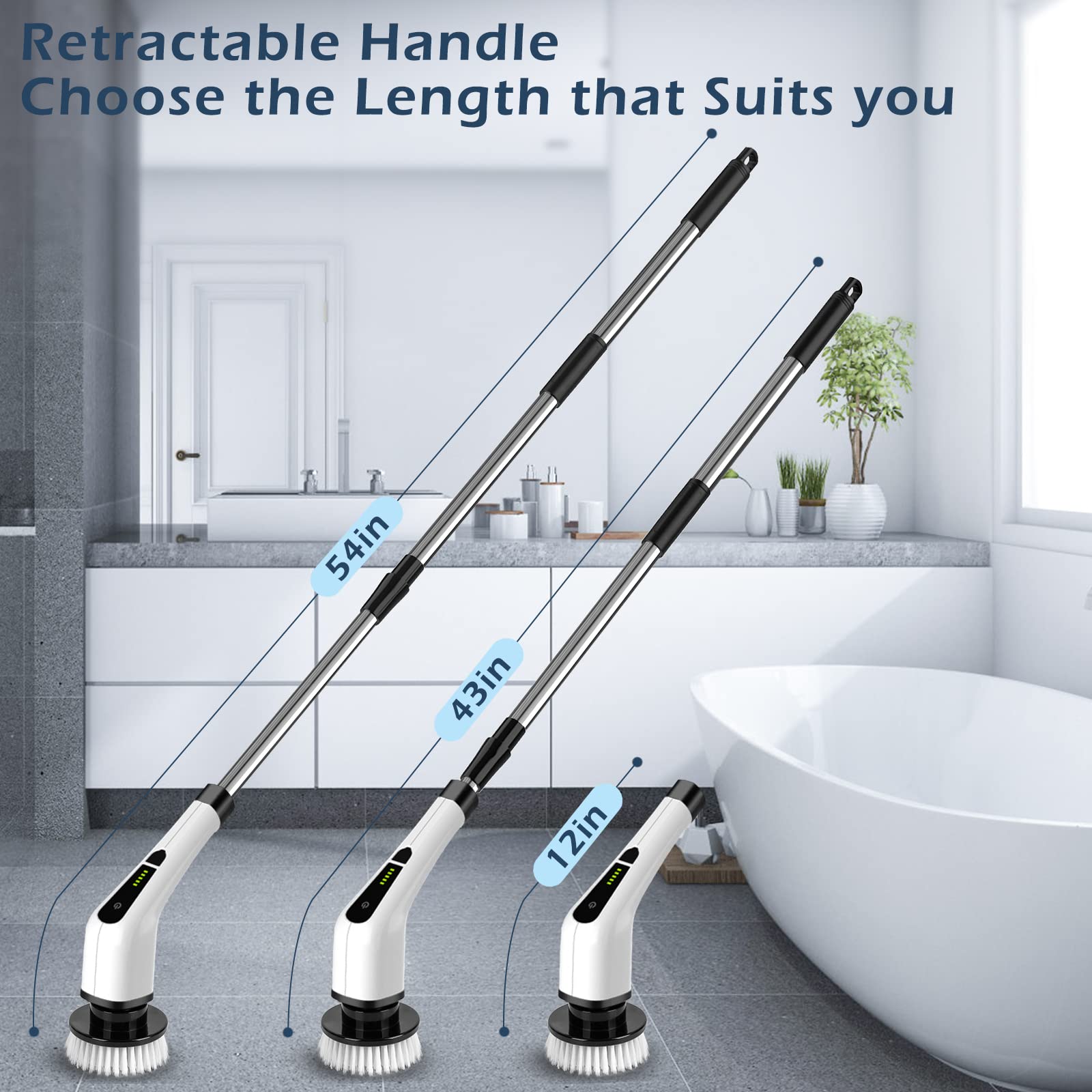 Bomves Electric Spin Scrubber, Cordless Cleaning Brush Scrubber for Home, 8 Replaceable Brush Heads-90Mins Work Time, 3 Adjustable Size, 2 Speeds for Bathroom Shower Bathtub Glass Car