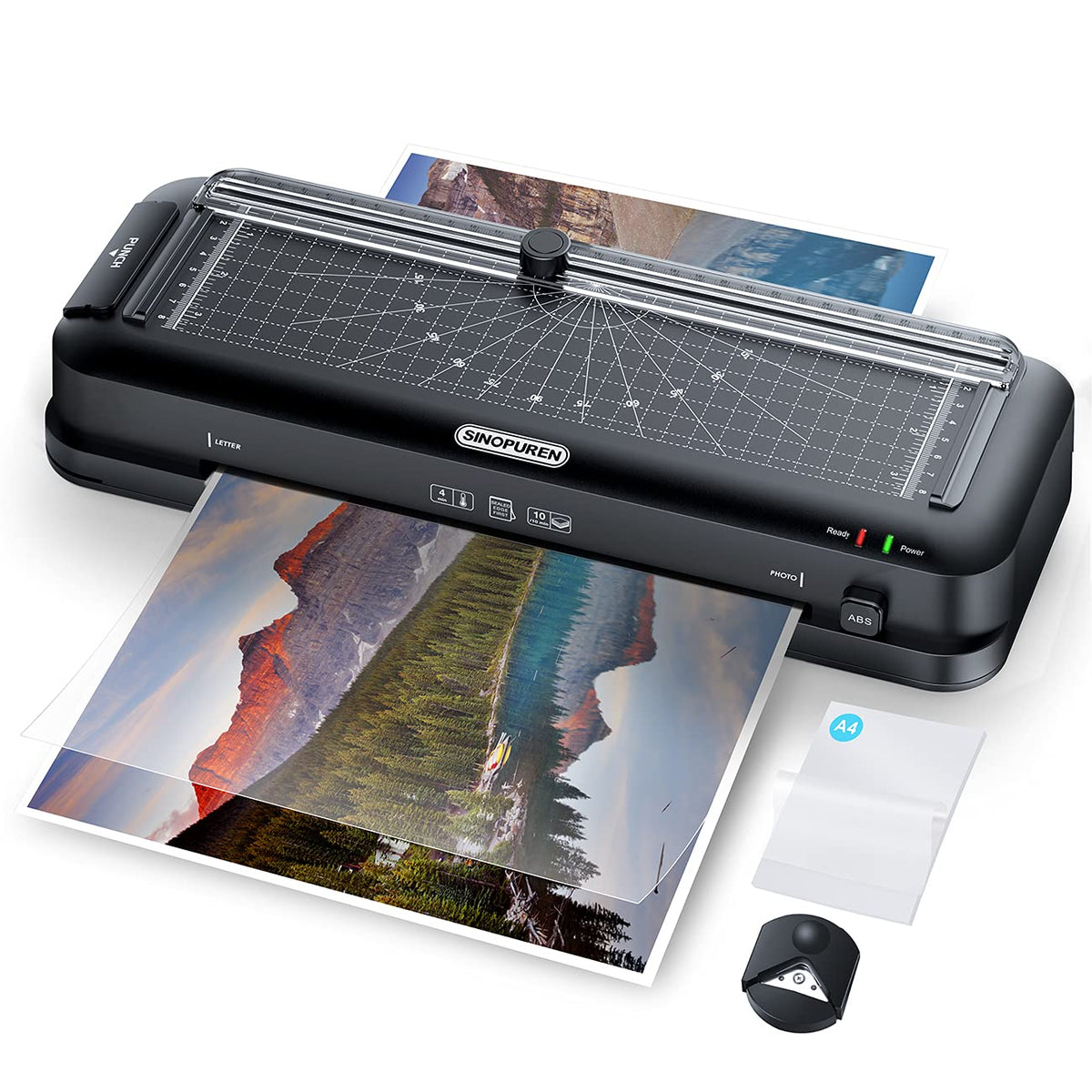 SINOPUREN 9-Inch Thermal Laminator Machine, 3-in-1 Laminator with Built-in Paper Trimmer, Hole Punch & Corner Rounder, 10 Laminating Pouches, Fast 3-Min Warm-Up, Jam-Free for Home, Office, School