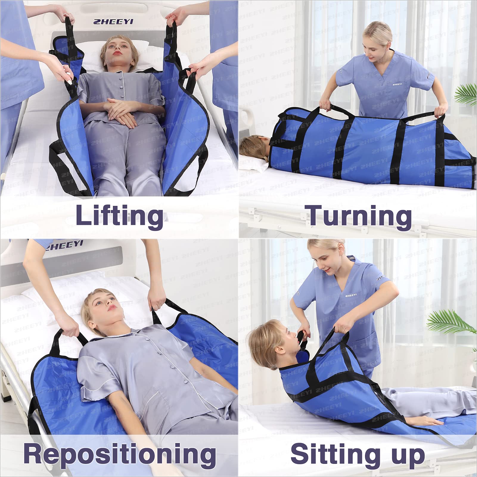 ZHEEYI Multipurpose 48" x 40" Positioning Bed Pad with Reinforced Handles - Reusable & Washable Transfer Sheet for Turning, Lifting & Repositioning - Double-Sided Nylon Fabric, Blue