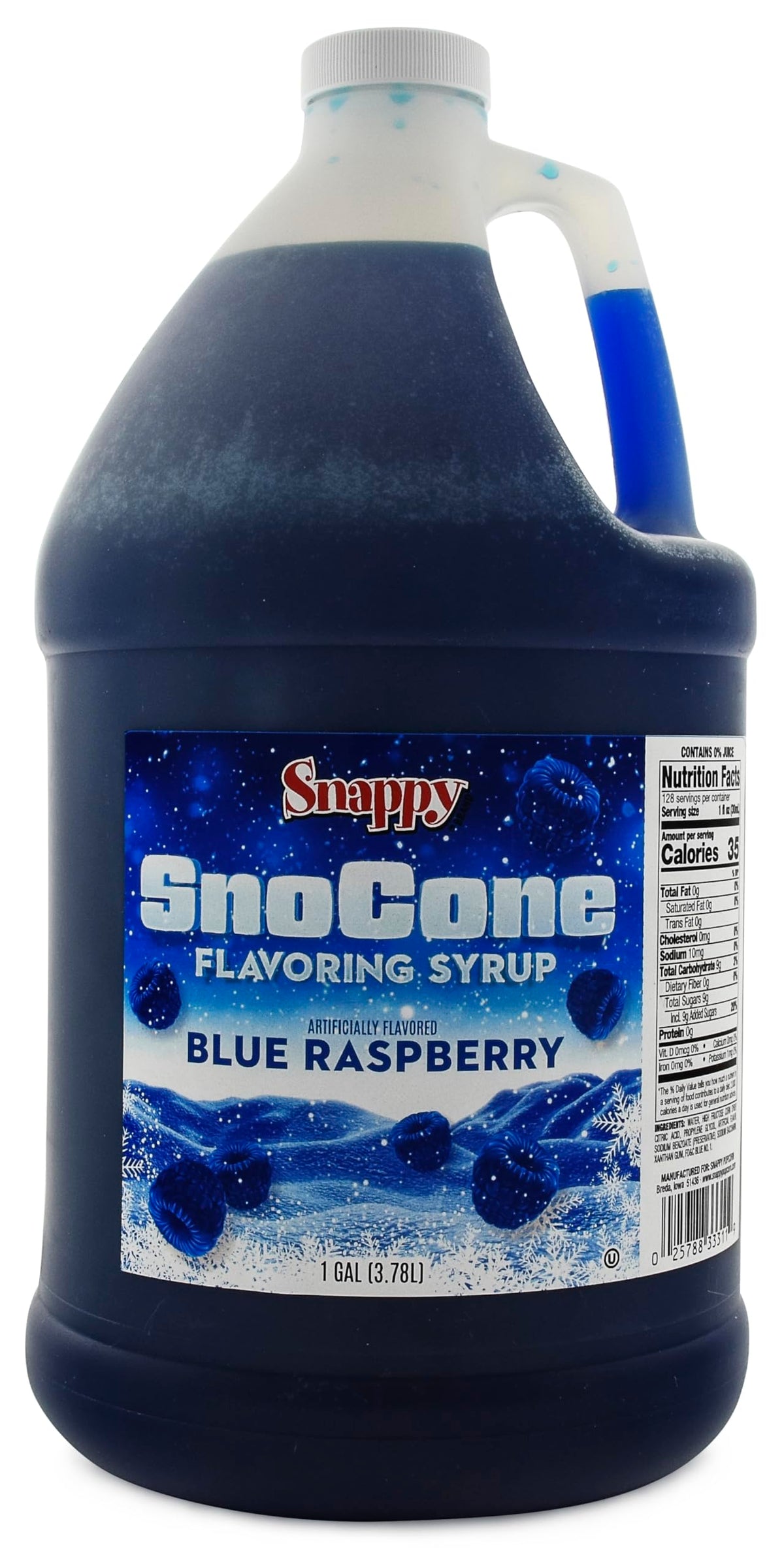 Snappy Blue Raspberry Sno Cone Sirup, 1 Gallone (128 Unzen), gebrauchsfertig für Schneeeismaschinen, aromatisierter Sirup für Shaved Ice, 14 Geschmacksoptionen