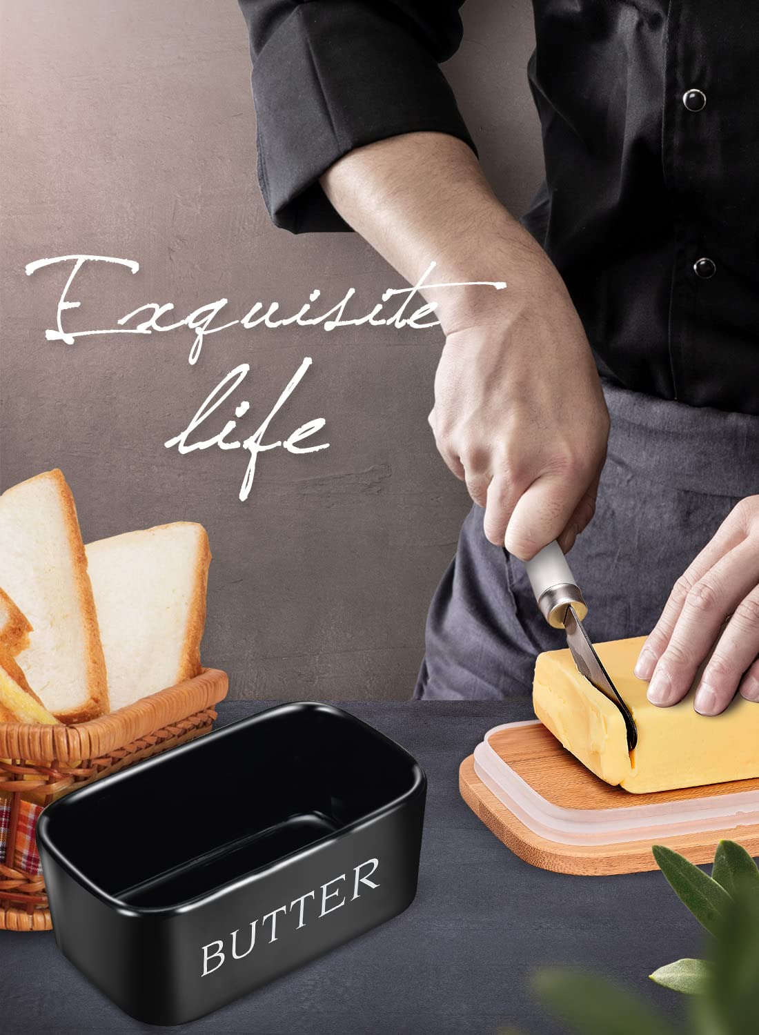 Butter Dish with Lid, Large Butter Dish for Countertop, Ceramic Butter Keeper Container with Knife and High-Quality Silicone Sealing Butter Box for Home Decor Good Kitchen Gift Black