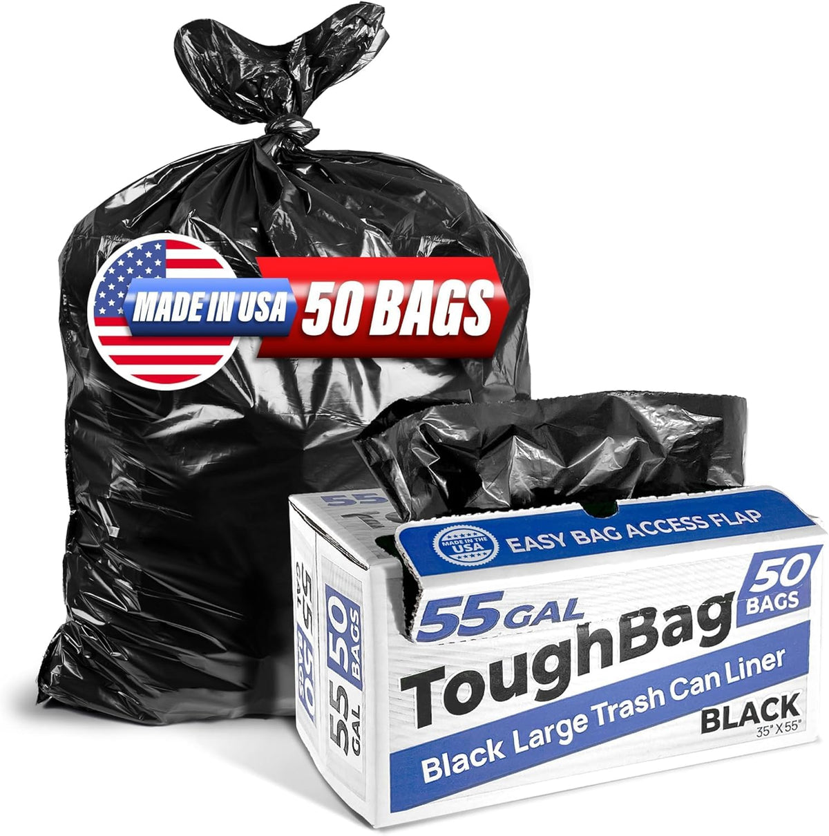 ToughBag 208 Liter Müllsäcke, 208-227 Liter Müllsäcke extra stark (50 STÜCK) – Große schwarze Müllbeutel, 208-227 Liter für Bauunternehmer, Gewerbe und Garten – Hergestellt in den USA