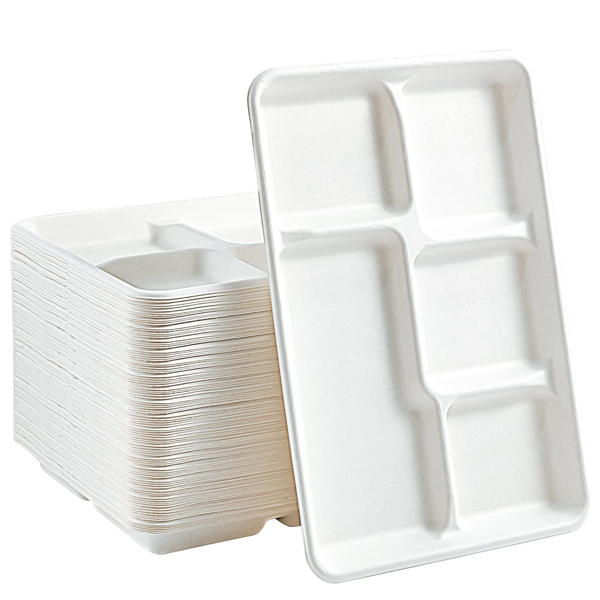 Vplus 100 % kompostierbare Pappteller mit 5 Fächern, 100 Stück, 31,75 x 21,84 cm große Einweg-Schulessens-Tabletts, umweltfreundliche Bagasse-Teller für Buffet und Party
