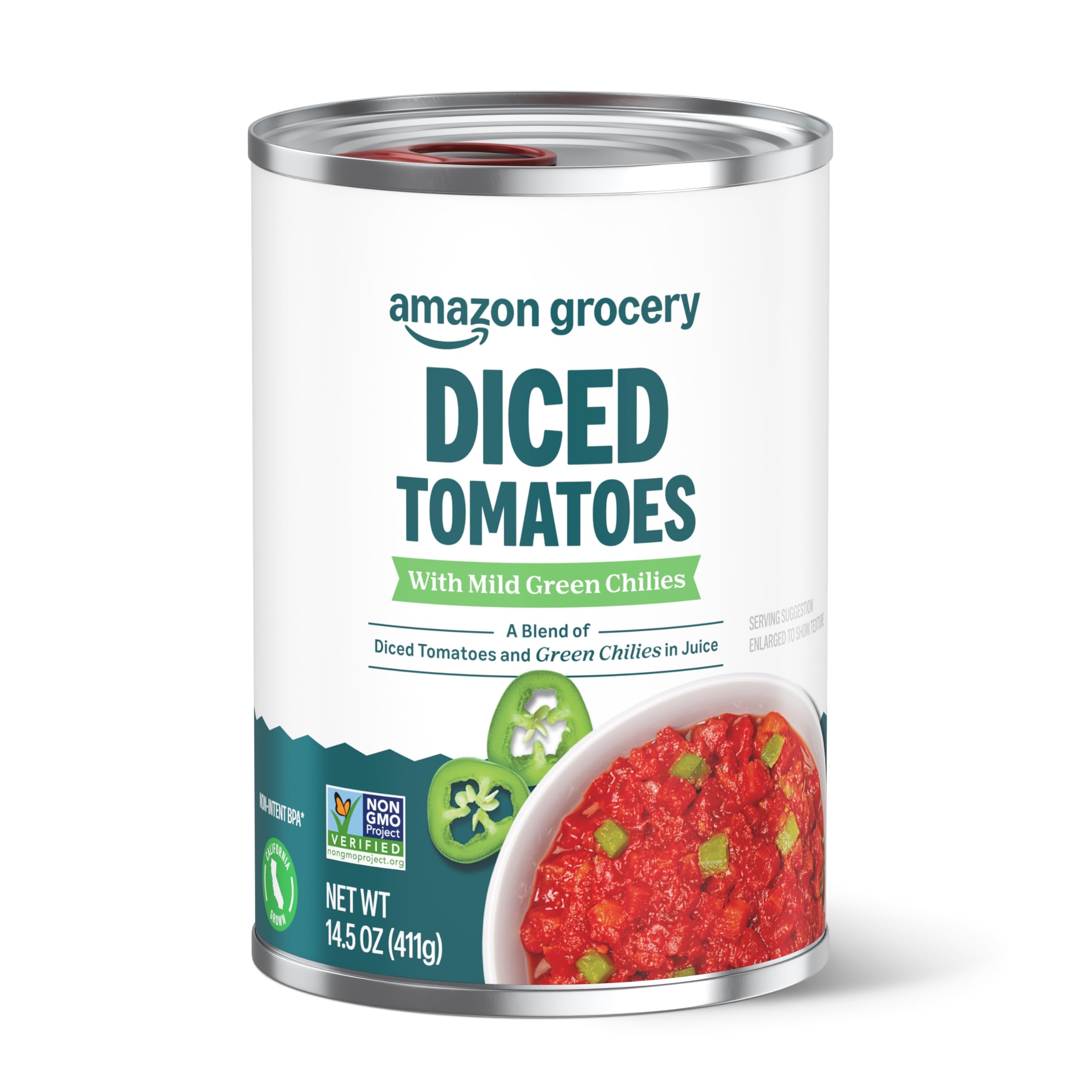 Amazon Grocery, Gewürfelte Tomaten mit milden grünen Chilis, 14,5 Oz (ehemals Amazon Fresh, Verpackung kann abweichen)