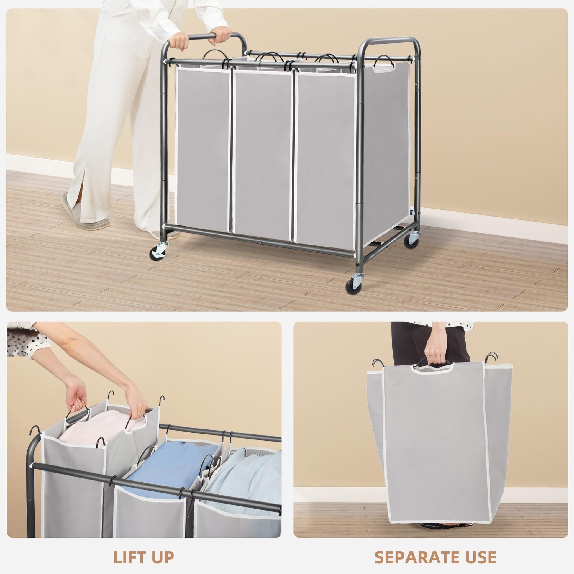 STORAGE MANIAC 3 Section Laundry Sorter, 35.9 Gal (136 L) Laundry Hamper Cart with Heavy Duty Rolling Lockable Wheels and Removable Bags, Clothes Organizer Basket Clothes Separator Hamper, Gray