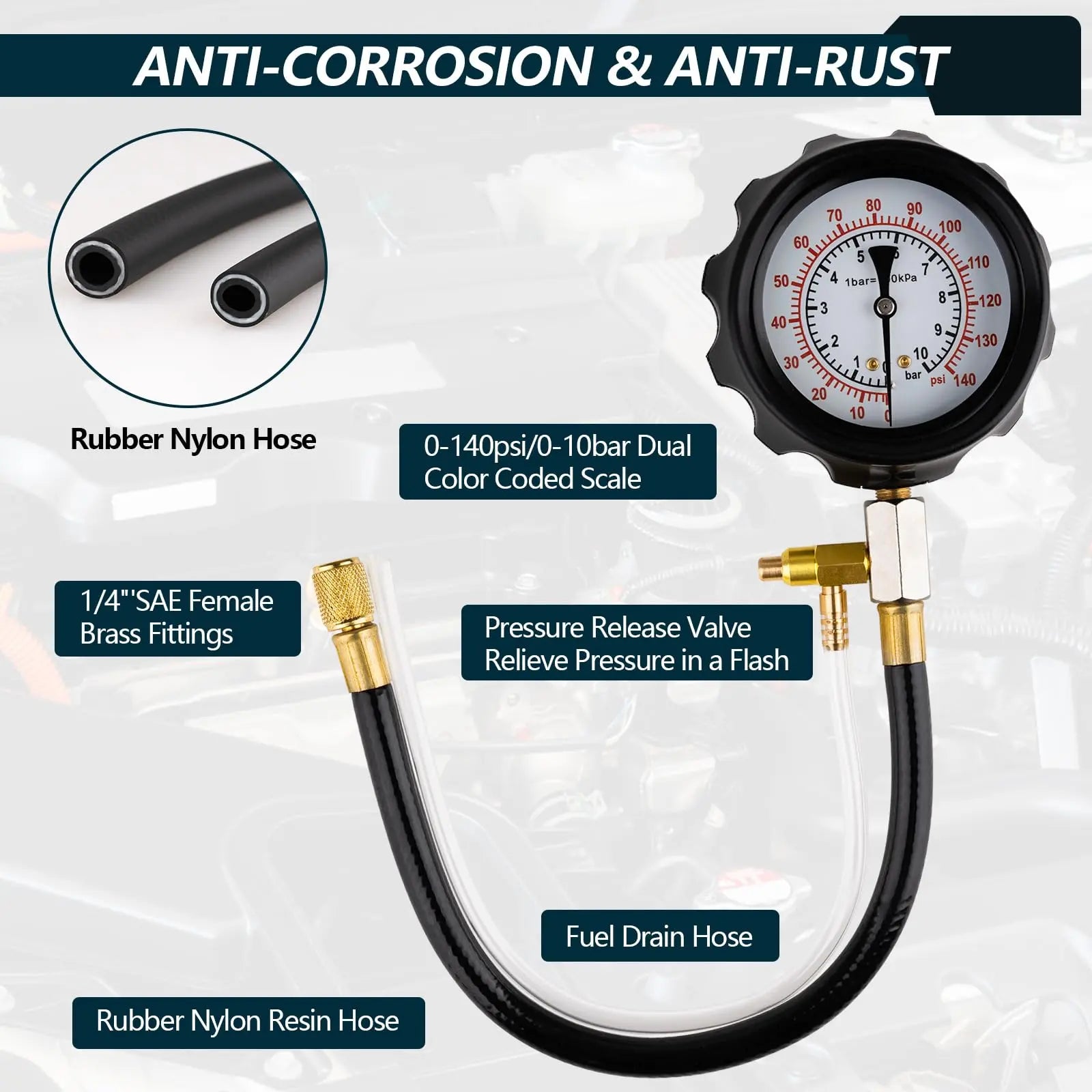 0-140PSI Fuel Pressure Tester Kit, Fuel Injector Injection Pump Pressure Gauge, Fuel Pump Pressure Tester Diagnostic Tool for Gasoline Cars, Trucks, Motorcycles and RVs