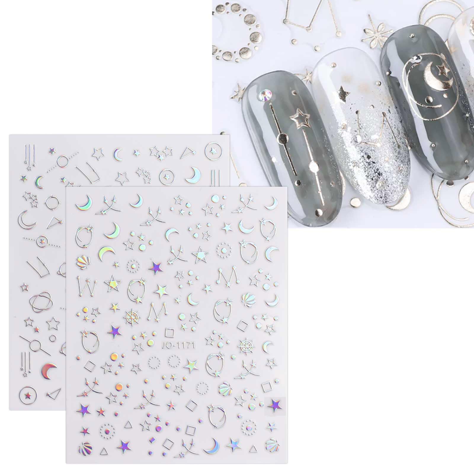 JMEOWIO 12 Sheets Aurora Nail Art Stickers Decals Self-Adhesive Pegatinas Uñas Glitter Holographic Star Heart Nail Supplies Nail Art Design Decoration Accessories