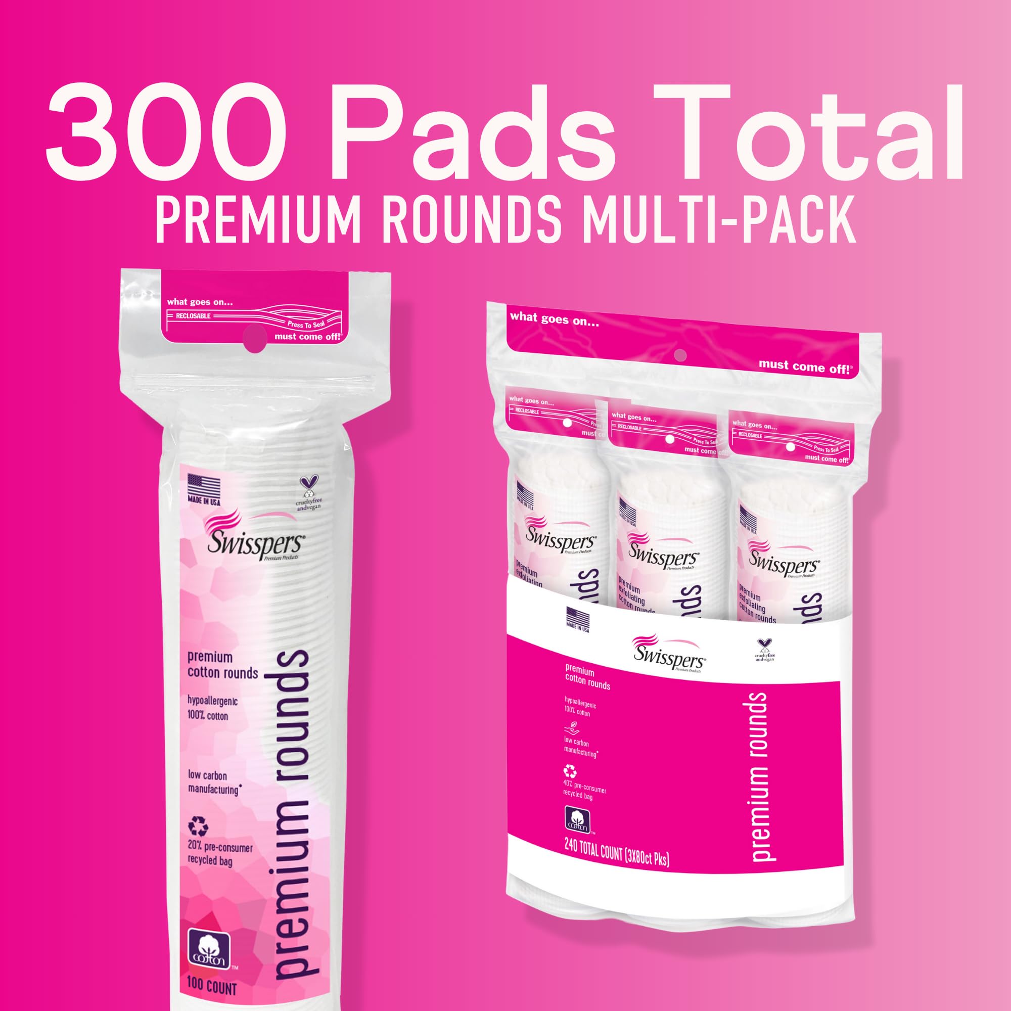 Swisspers Premium Cotton Rounds – 100 Count (Pack of 3) - 100% Pure Cotton - Soft, Absorbent, Hypoallergenic Pads for Makeup Removal, Skincare, Baby Care and Facial Cleansing - Lint Free