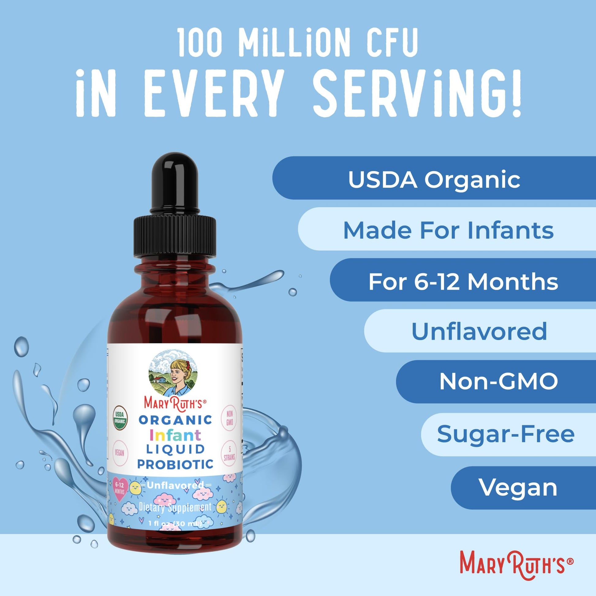 MaryRuth Organics USDA Organic Infant Liquid Probiotic Drops | Baby Essentials | Probiotics for Infants | Baby Probiotic Drops | Proprietary Probiotic Blend | Vegan | Non GMO | 125 Servings