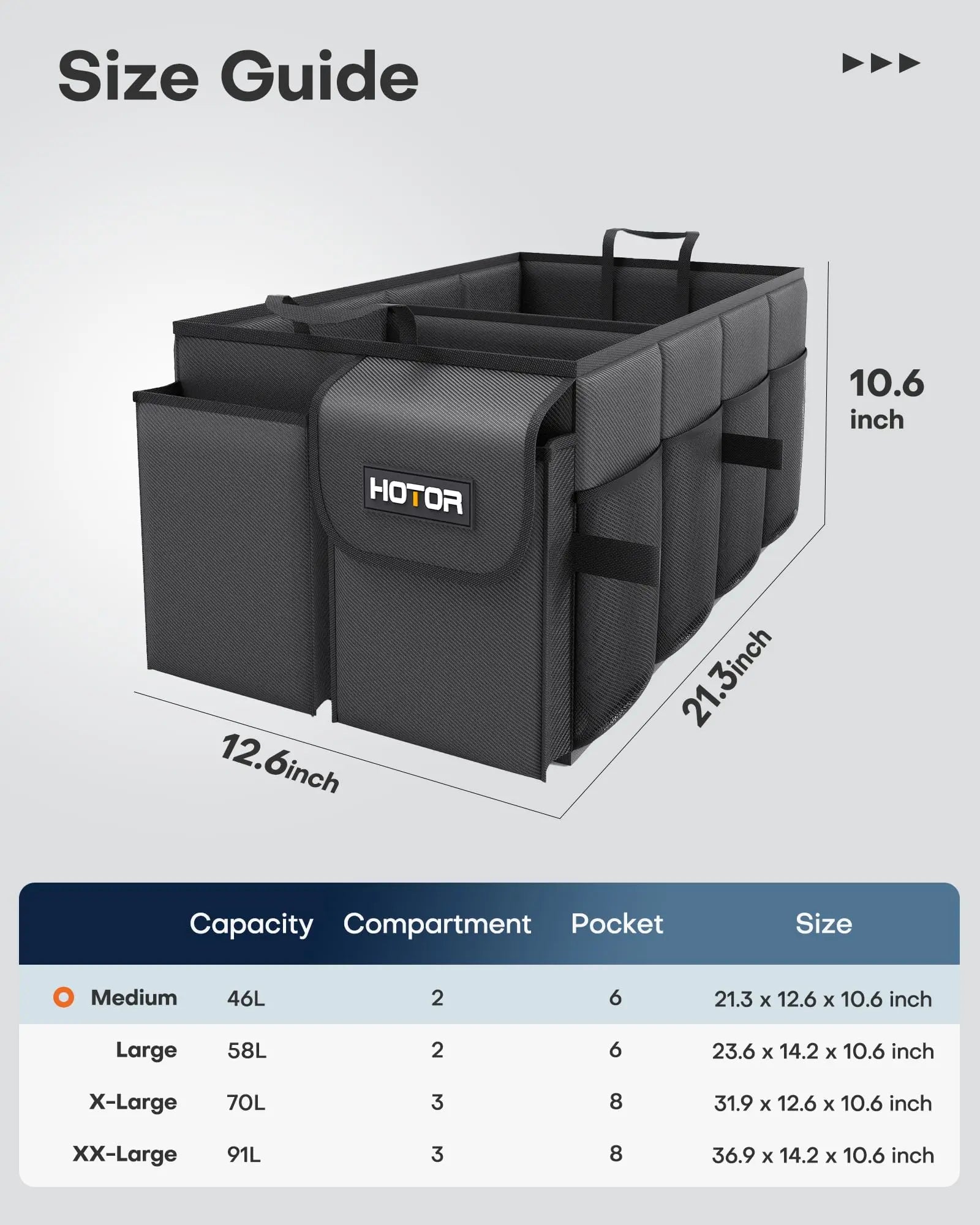 HOTOR Trunk Organizer - Car Organizer, Foldable Trunk organizer for SUVs & Sedans, Sturdy Car Organization for Car Accessories, Tools, Sundries, Black, 2 Compartments, 21.3"×12.6"×10.6"