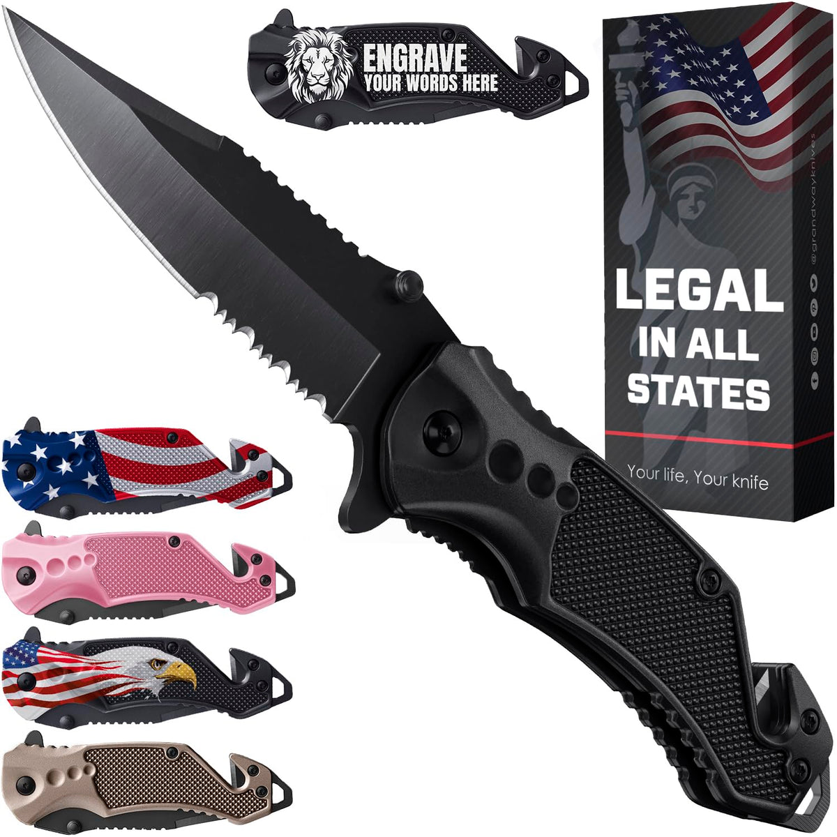 Legal Pocket Knife with 2.95" Serrated Blade, Glass Breaker, Seat Belt Cutter - EDC Sharp Folding Knives with Portable Clip - Small Tool for Tactical Camping Survival Hiking - Gifts for Men 6680
