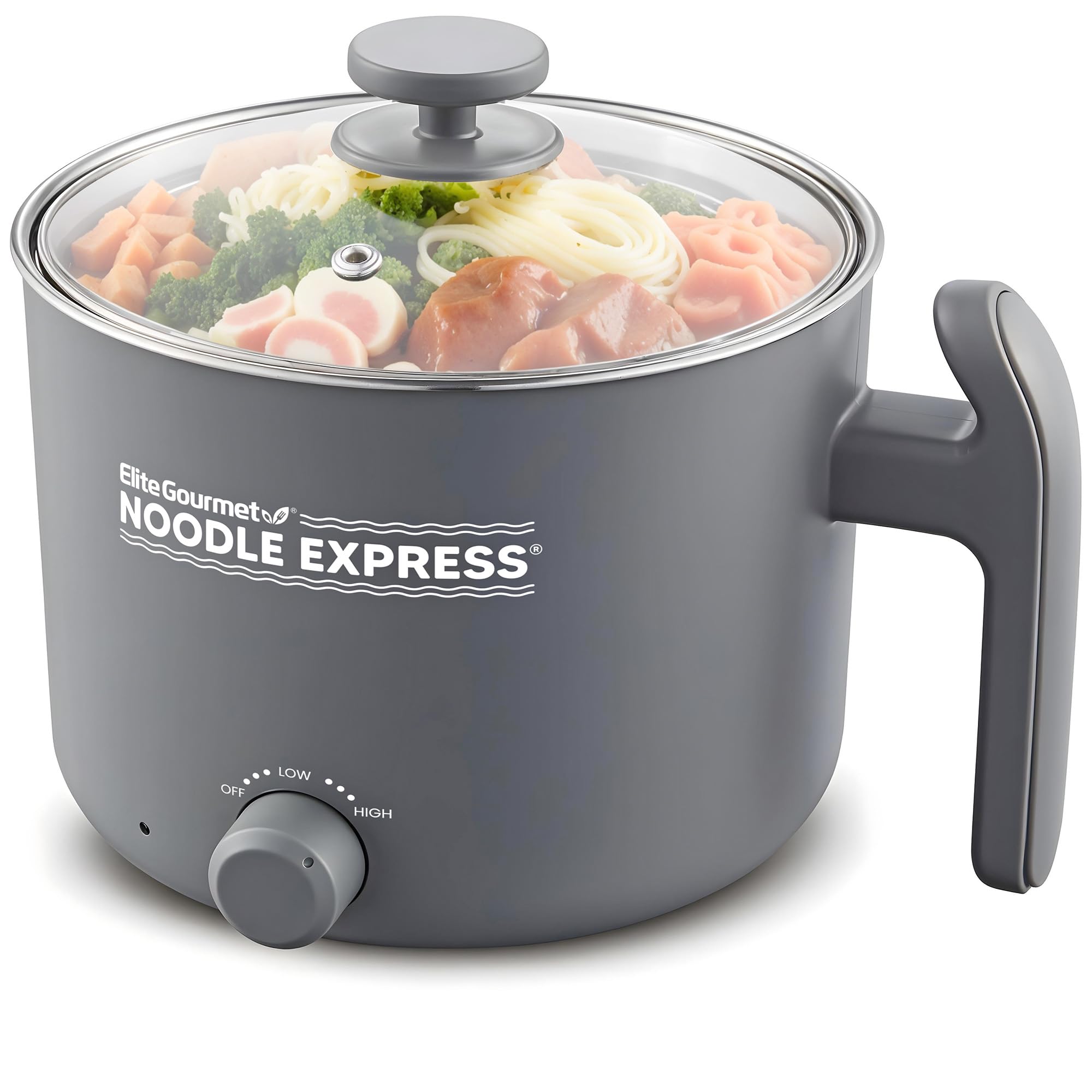 Elite Gourmet NOODLE EXPRESS Heißer Topf, zur Zubereitung von Ramen, Reis, Suppen, Eintöpfen, zum Wasserkochen, Edelstahl-Innenraum, Glasdeckel, Hoch-/Niedrig-/Aus-Einstellungen, Grau