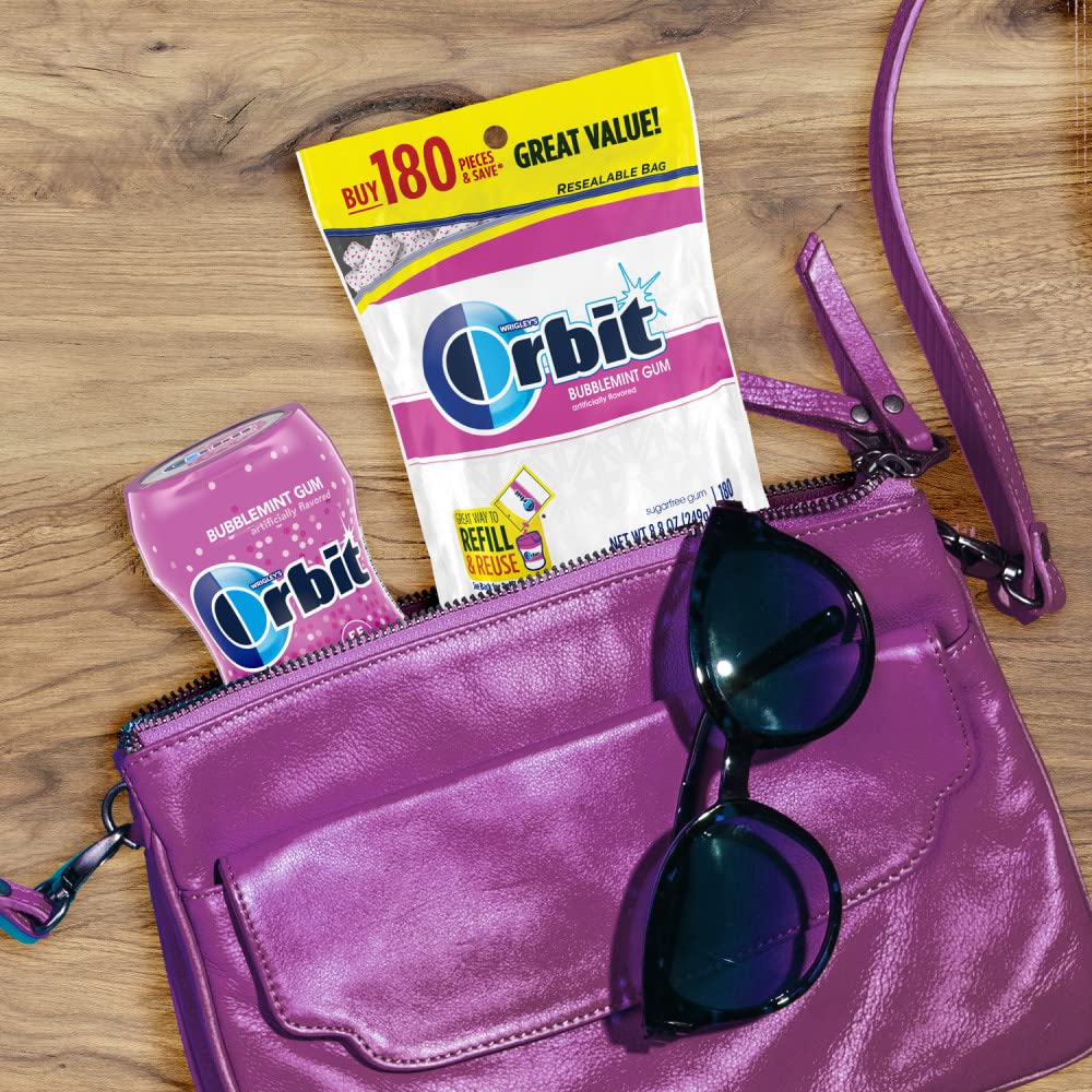 ORBIT Bubblemint Sugar-Free Chewing Gum Bulk Pack, 2 Bags - 180 Pieces & 2 Bottles - 55 Pieces Bubble Gum