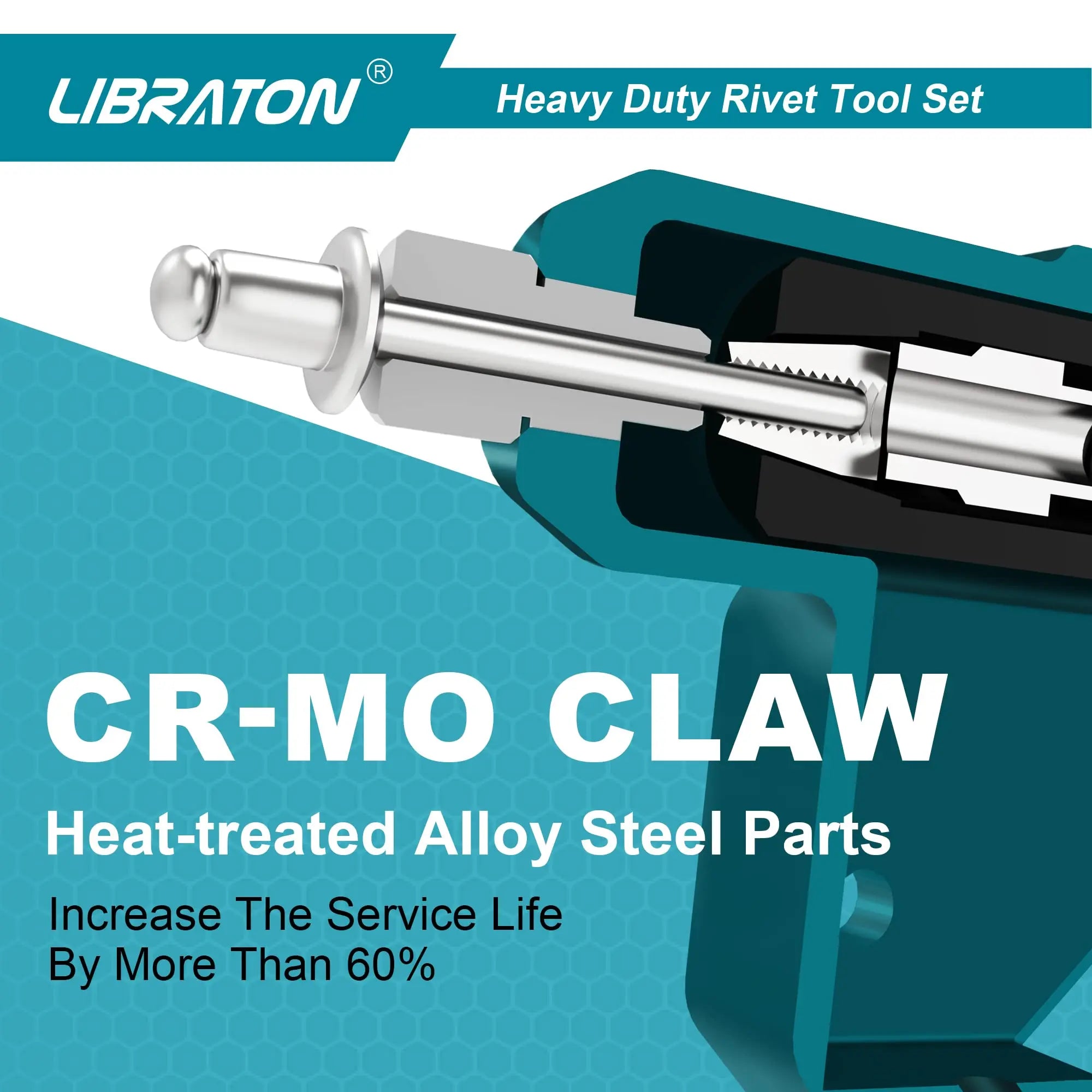 Libraton Heavy Duty Rivet Gun, Pop Rivet Gun Set, Professional Hand Riveter, Manual Riveting Tool with 110Pcs Rivets and 4 Interchangeable Heads, for Metal, Wood and Plastic