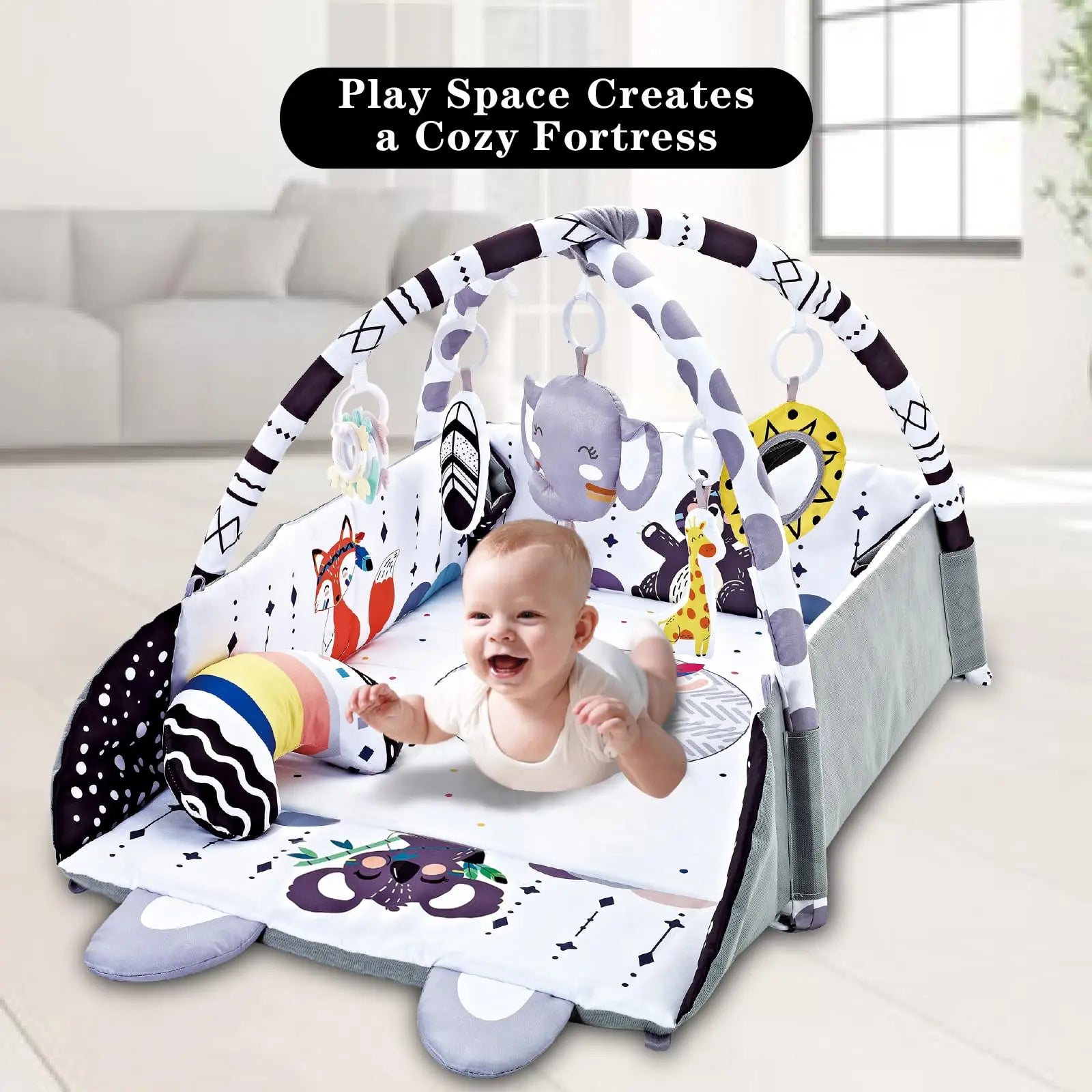 TFDER Baby Gym Play Mat, 8-in-1 Tummy Time Mat & Activity Gym, Washable Ball Pit, Infant Play Mat with Detachable Toys for Sensory Exploration and Motor Skill Development