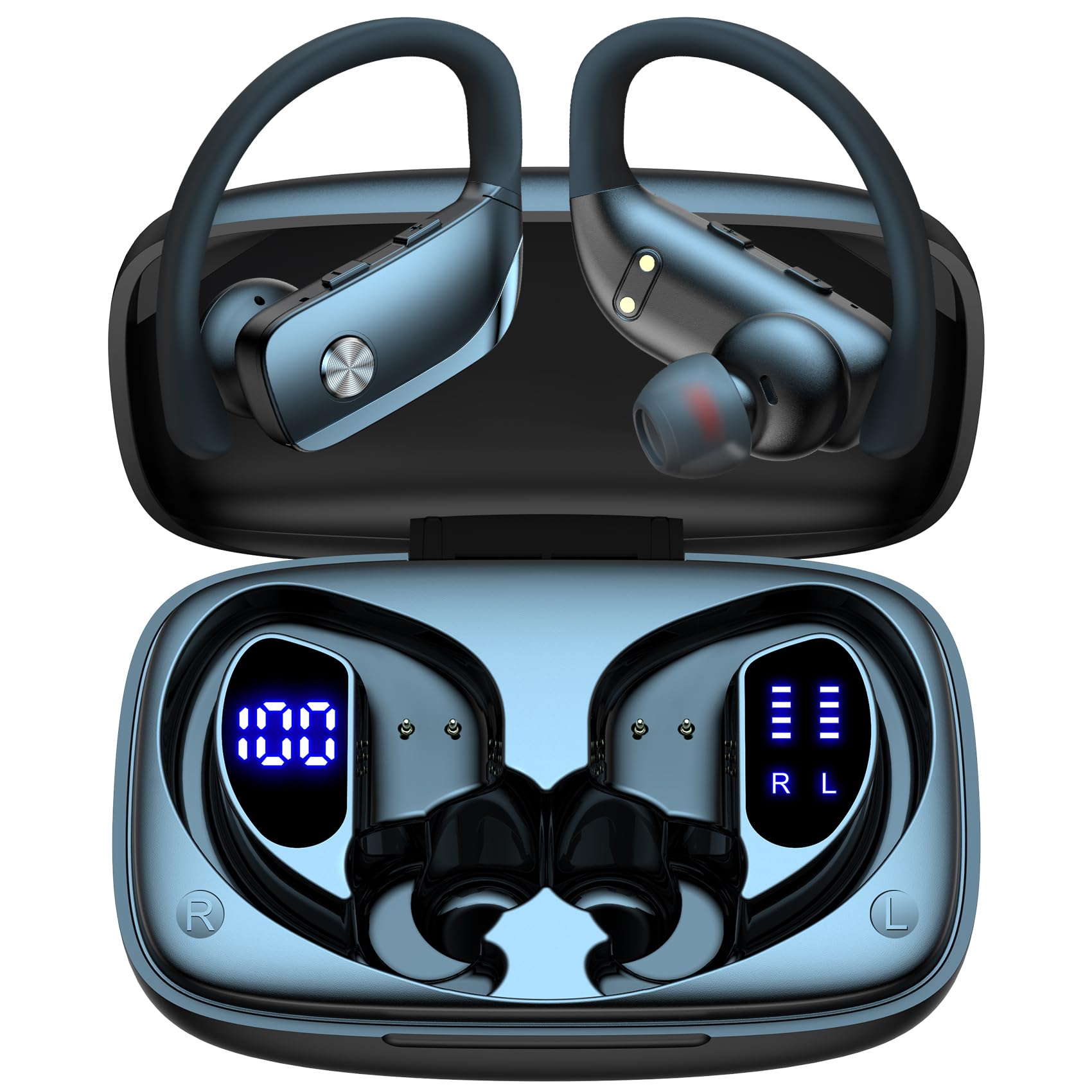 bmani Ear Buds Wireless Earbuds Bluetooth Headphones with 80H Playtime LED Display Case, Over-Ear Hook with Mic, Stereo Sound, Easy Button Controls, Sports Earphones for Running Workout Gym Black