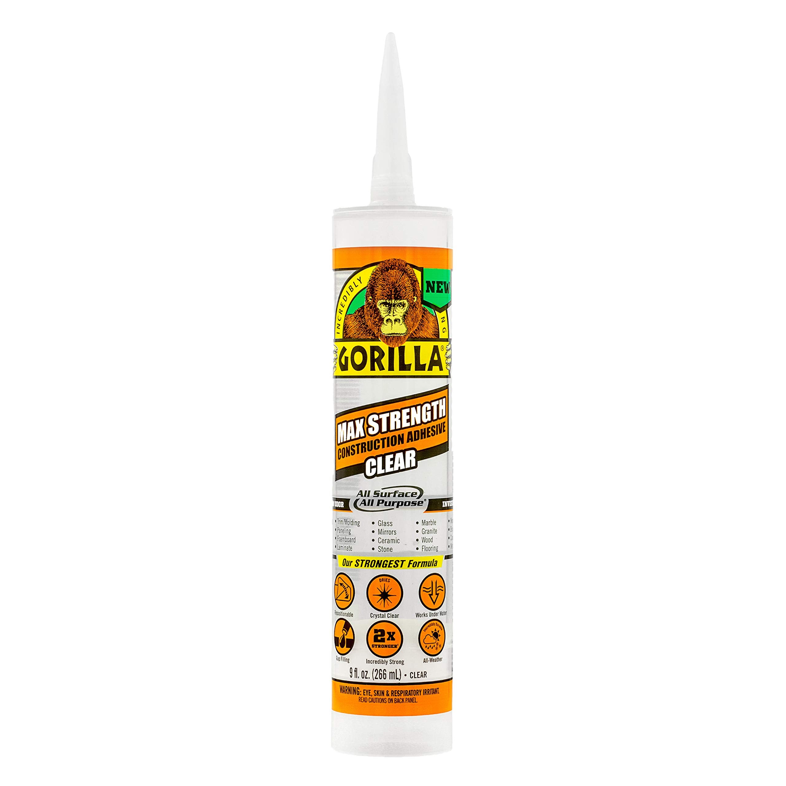 Gorilla Max Strength Baukleber, Klarer Kleber, 255g Kartusche (1er-Pack) – Spaltfüllend und Wasserdicht