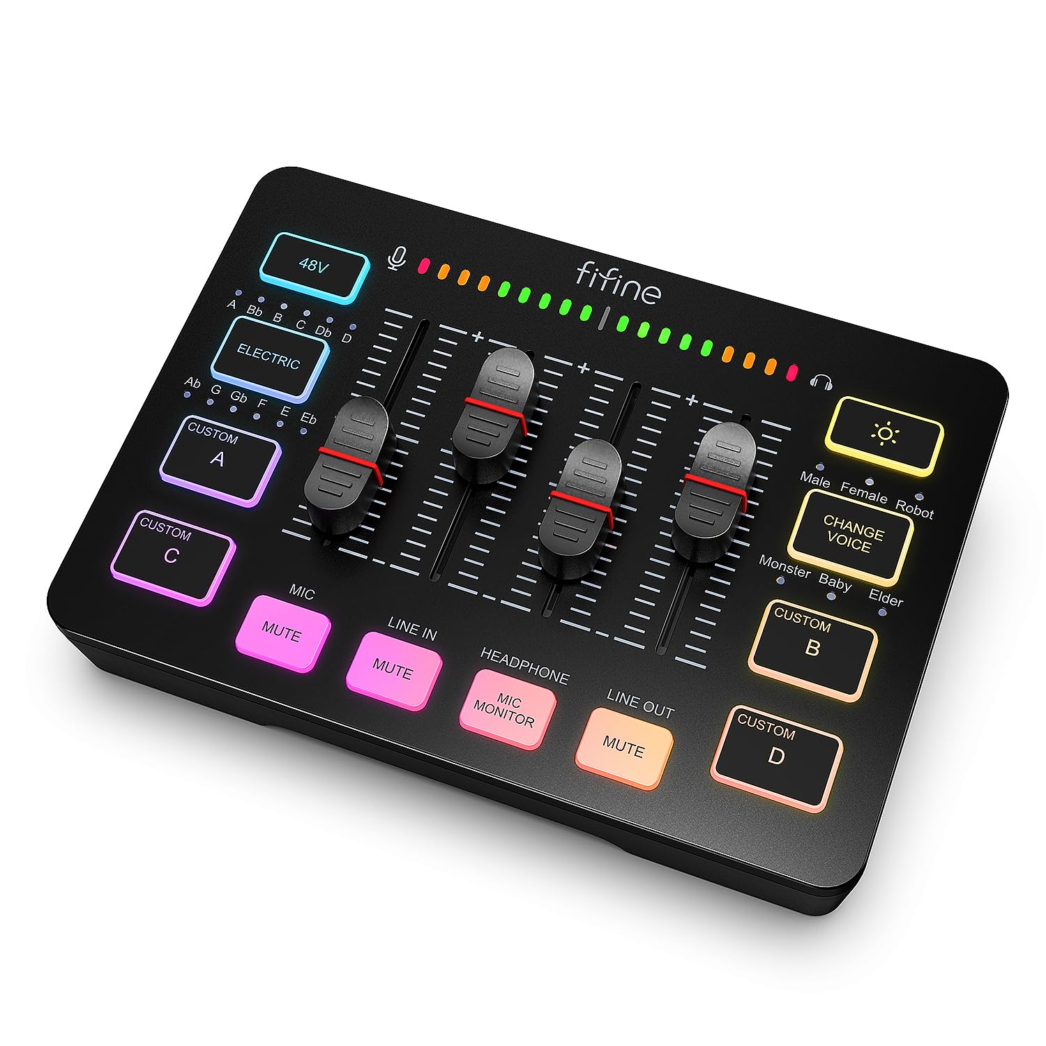 FIFINE Gaming Audio Mixer, Streaming RGB PC Mixer mit XLR-Mikrofon-Schnittstelle, individueller Steuerung, Lautstärkeregler, Stummschalttaste, 48V Phantomspeisung, für Podcast/Aufnahme/Gesang/Spielstimme-AmpliGame SC3