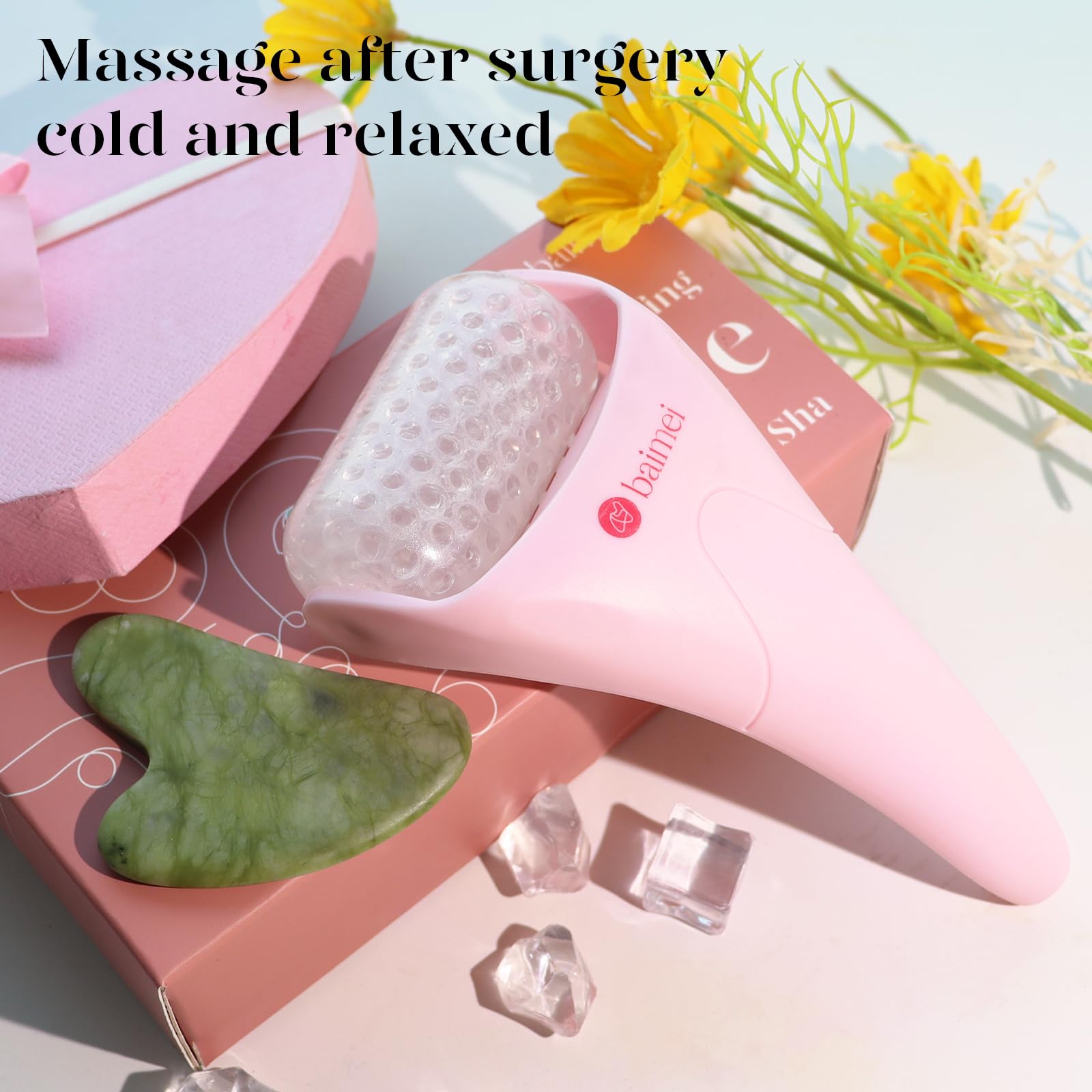 BAIMEI IcyMe Ice Roller for Face and Gua Sha Facial Tool Set, Ice Face Roller Reduces Puffiness Relieves Migraines Skin Care Tools, Self Care Gift for Women - Pink