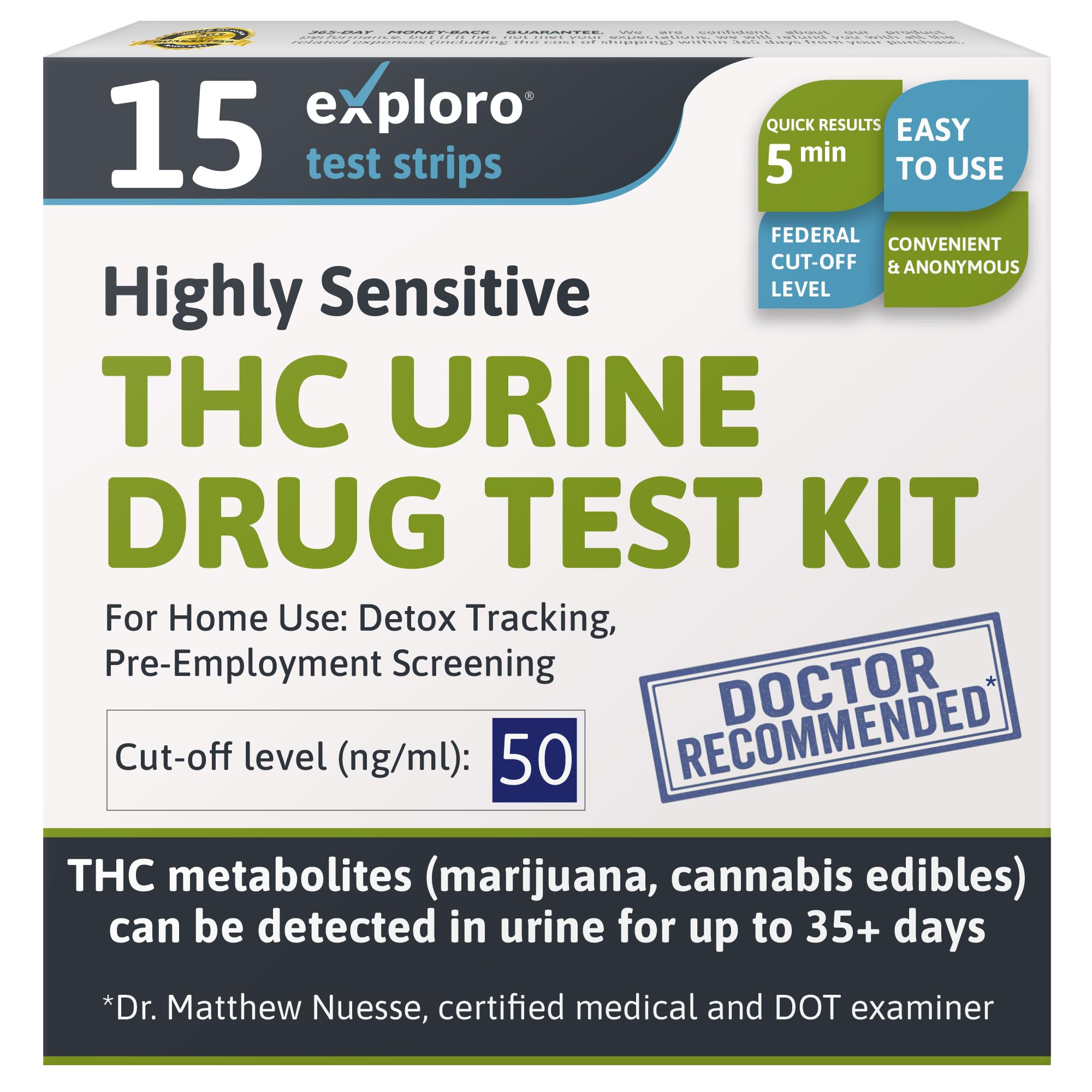 Exploro Hochsensibler Cannabis-Drogentest für zuhause, THC-Drogentestkit Marihuana/Gras, THC-Drogentest Urin, Einfacher Drogentest für zuhause Marihuana/THC Substanzmissbrauch, 15 THC-Teststreifen/Sticks, 50 ng/ml