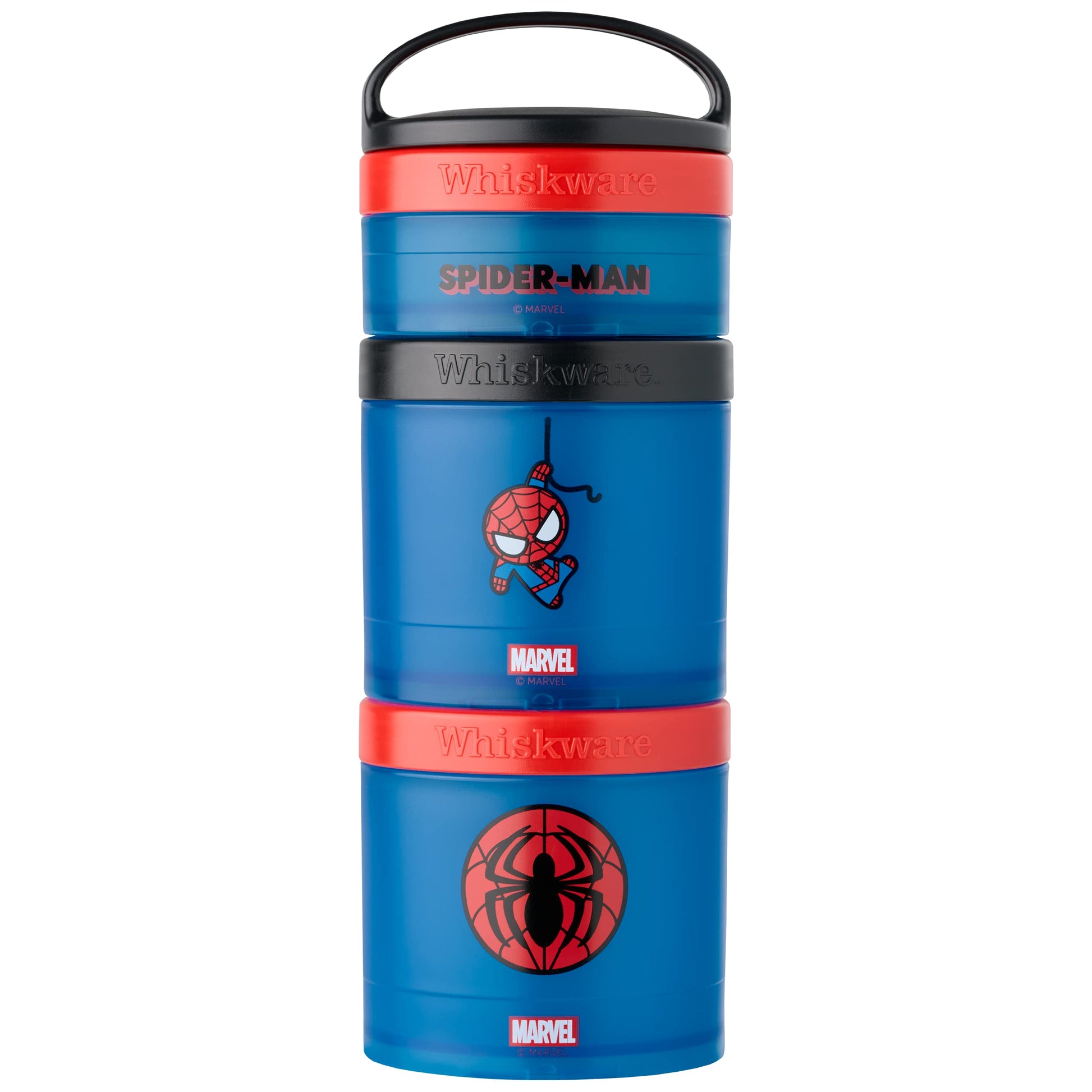 Whiskware Marvel Stackable Snack Containers for Babies, Kids, and Toddlers, 3 Stackable Snack Cups for School or Travel, Formula Friendly, Cupholder Friendly, Spider-Man