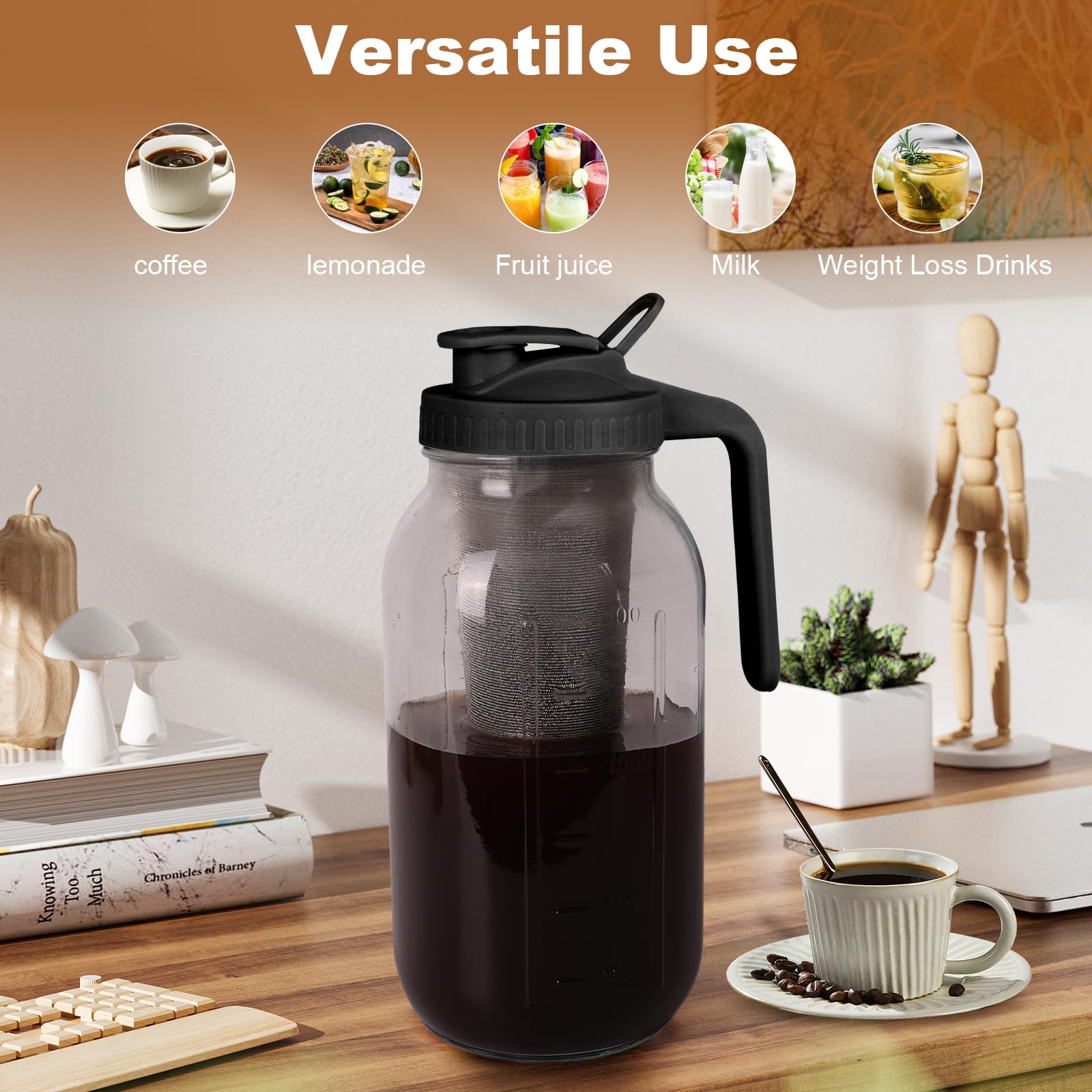 Cold Brew Coffee Maker,64 oz Mason Jar Pitcher with Stainless Steel Filter, Pour Spout Handle Lid, Heavy Duty Glass Airtight & Leak-Proof Pitcher for iced coffee Tea Lemonade