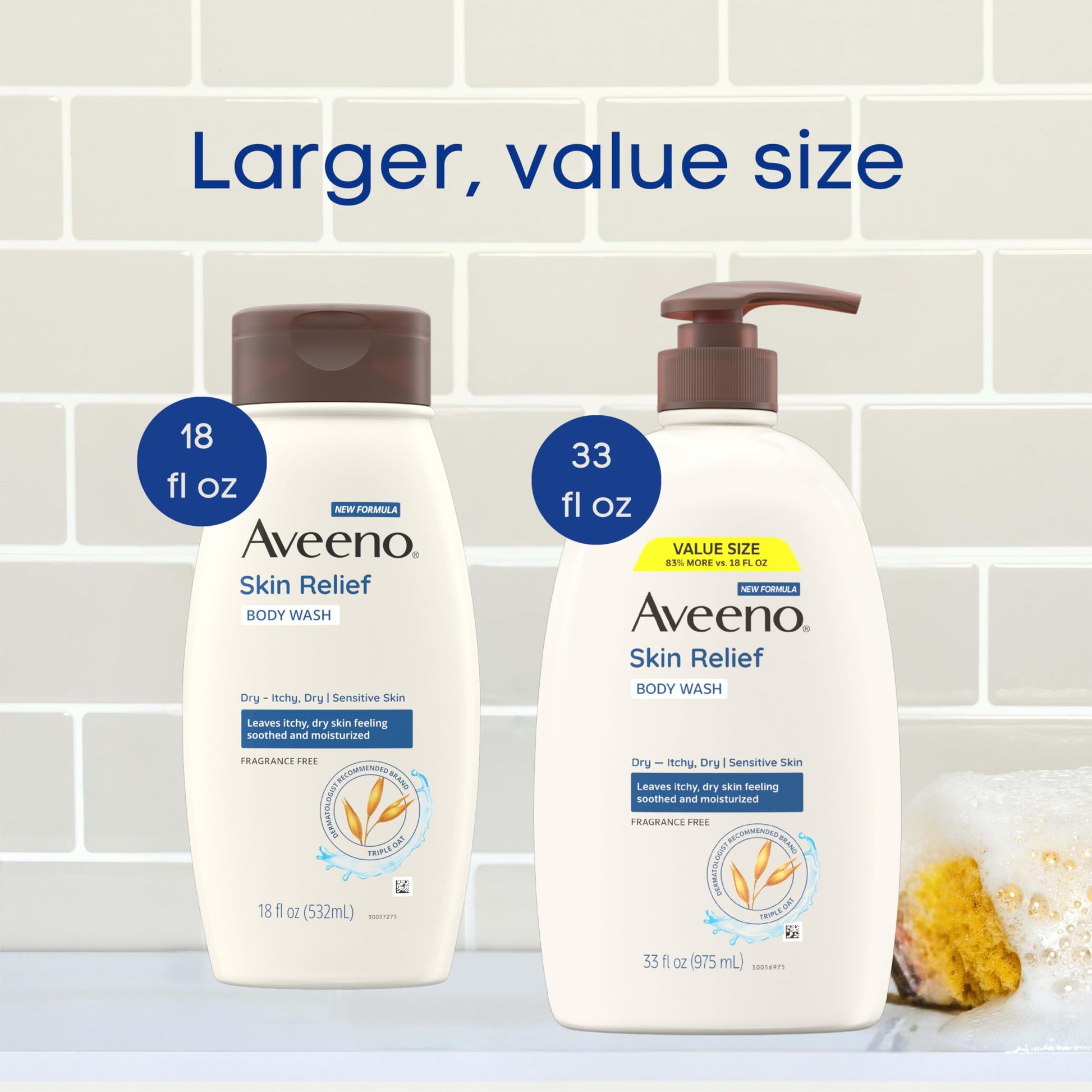 Aveeno Skin Relief Fragrance Free Body Wash, Triple Oat Formula, Gentle Daily Cleanser for Itchy Dry Sensitive Skin, Soap & Paraben Free, Soothes & Moisturizes, 33 fl oz