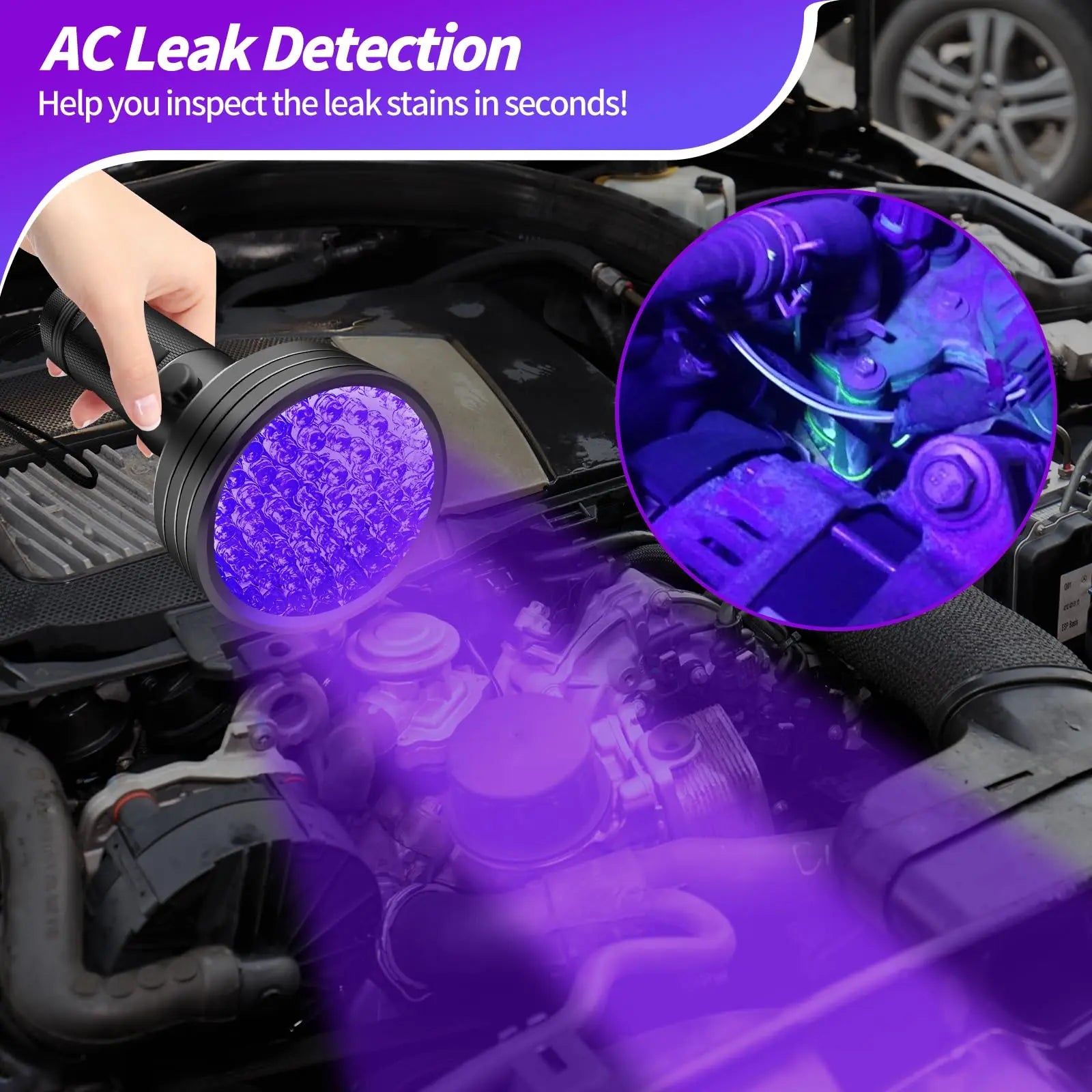 REALHUNLEE Air Conditioner UV Dye Leak Detector, Pro Auto Oil AC UV Dye Leak Test Detection Tool Kit 68 LED A/C UV Flashlight Detector with Protective Glasses