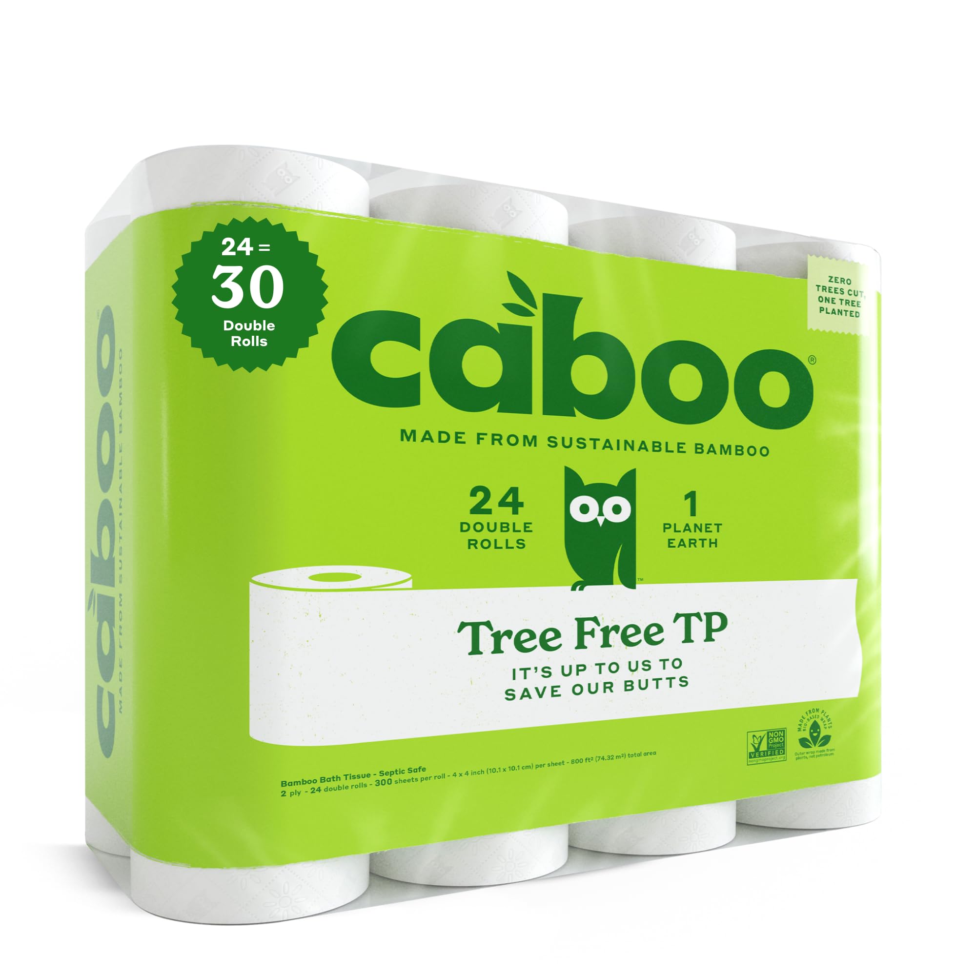 Caboo Tree Free Toilet Paper, Septic Safe Toilet Tissue, Non Toxic, Chemical Free, Non Toxic, 2 Ply Bathroom Toilet Paper | Pack of 24 Double Rolls, 300 Sheets Per Roll