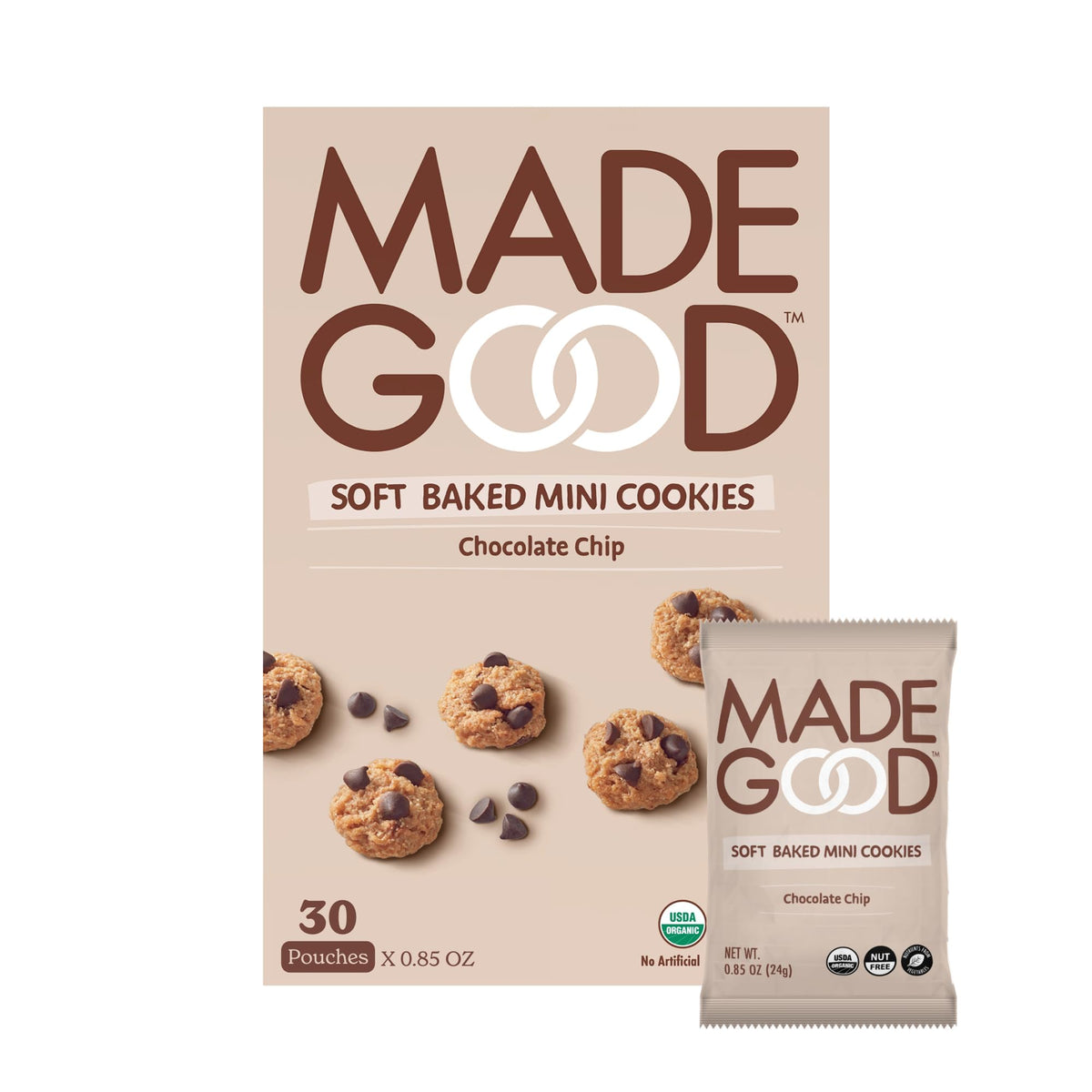 MadeGood Soft Baked Chocolate Chip Mini Cookies, glutenfrei und sicher für Schulpausen, 30 Stück