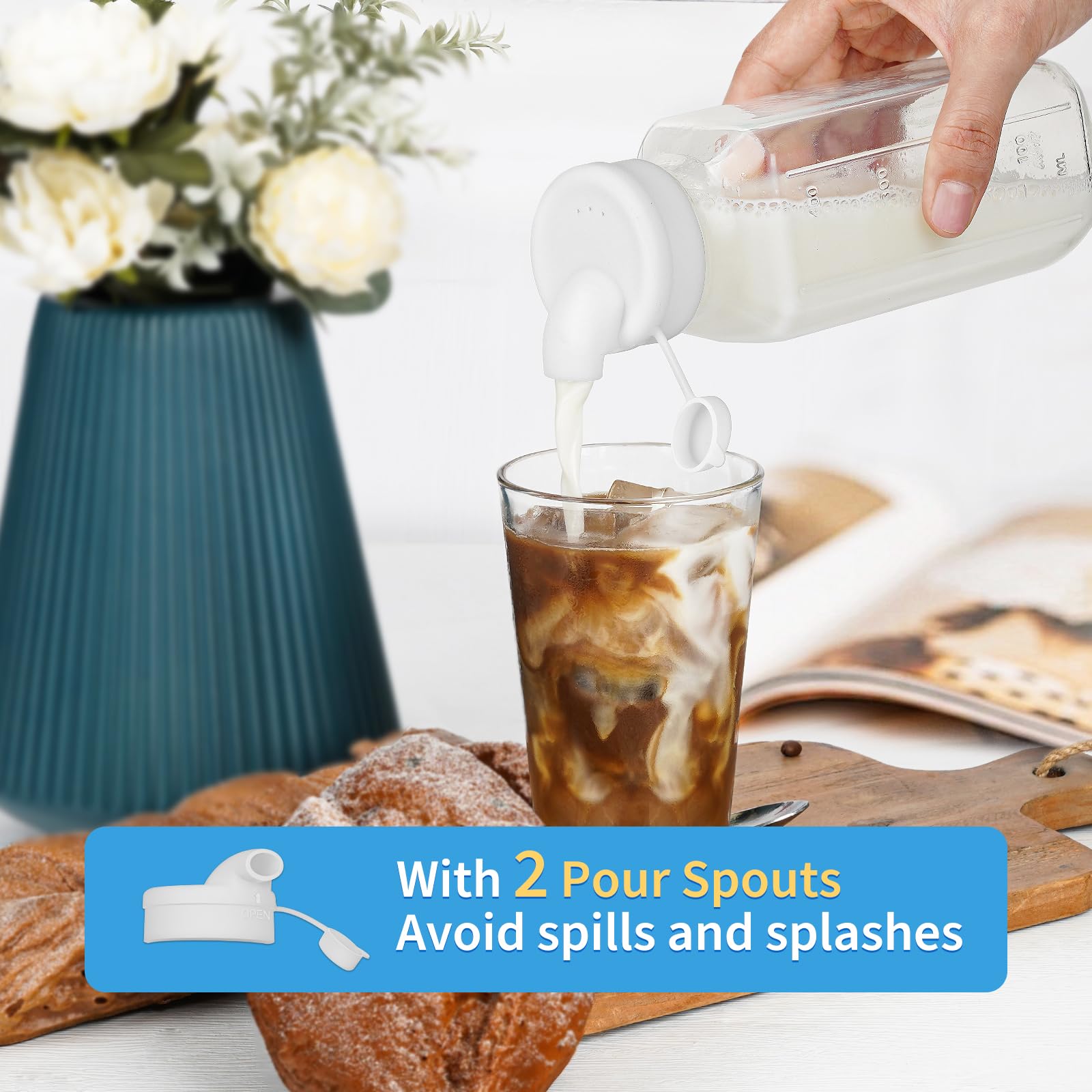 Glass Juice Bottles with Lids, 3 Pack Clear Glass Water Bottles w 2 Pour Spouts, 16 Oz Reusable Milk Jug w 100% Airtight Cap and Scale for Juicing Containers, Breast Milk Storage, Drinking Jar