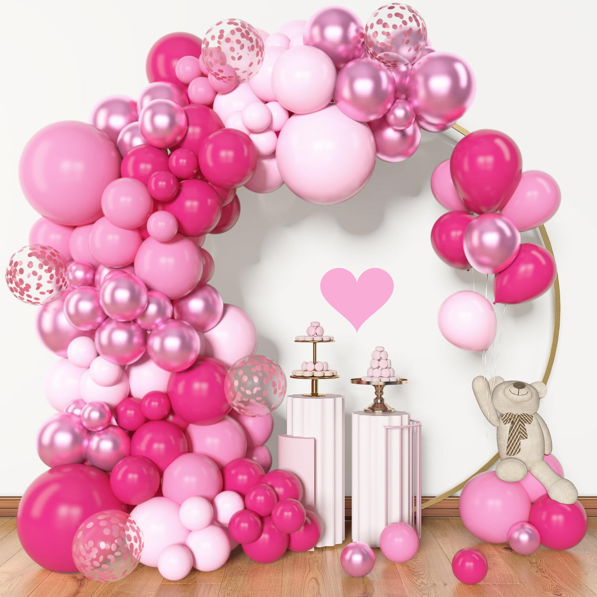 Amandir 153tlg. Rosa Ballon Girlanden Bogen Set, verschiedene Größen 18 12 10 5 Zoll Hot Pink Latex Metallisch Konfetti Rosa Ballons für Geburtstag Prinzessin Hochzeit Baby Shower Party Dekorationen