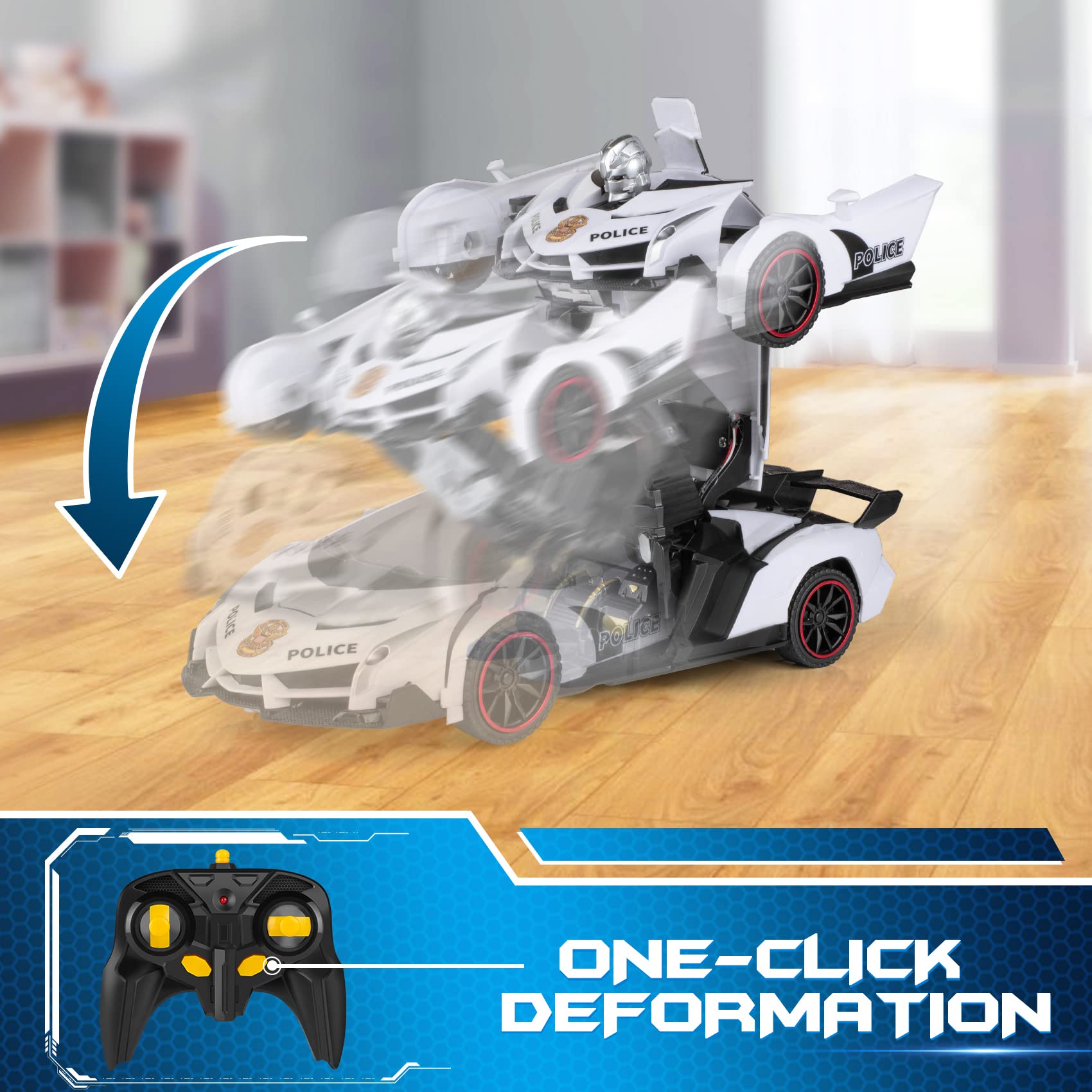 FDJ Remote Control Car - Transform Toys Car Robot, One Button Deformation to Robot with Flashing Light, 2.4Ghz 1:18 Scale Transforming Police Car Kids Toys with 360 Degree Rotating, Girls Boys Toys