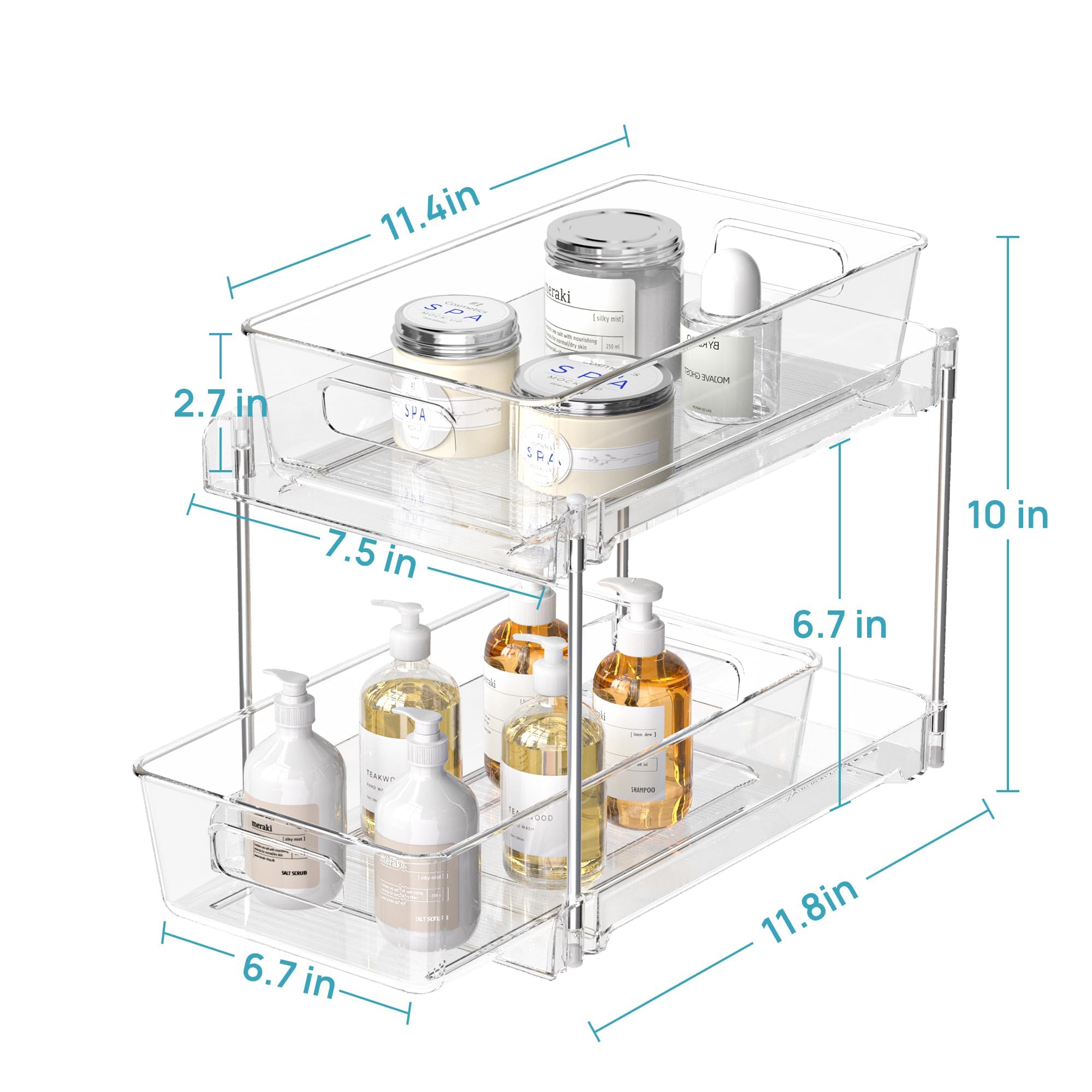 Vtopmart 4 Pack Bathroom Organizer, 2 Tier Clear Under Sink Organizers Vanity Countertop Storage Container,Cabinet Drawers Bins, Pull-Out Organization with Track for Pantry, Kitchen