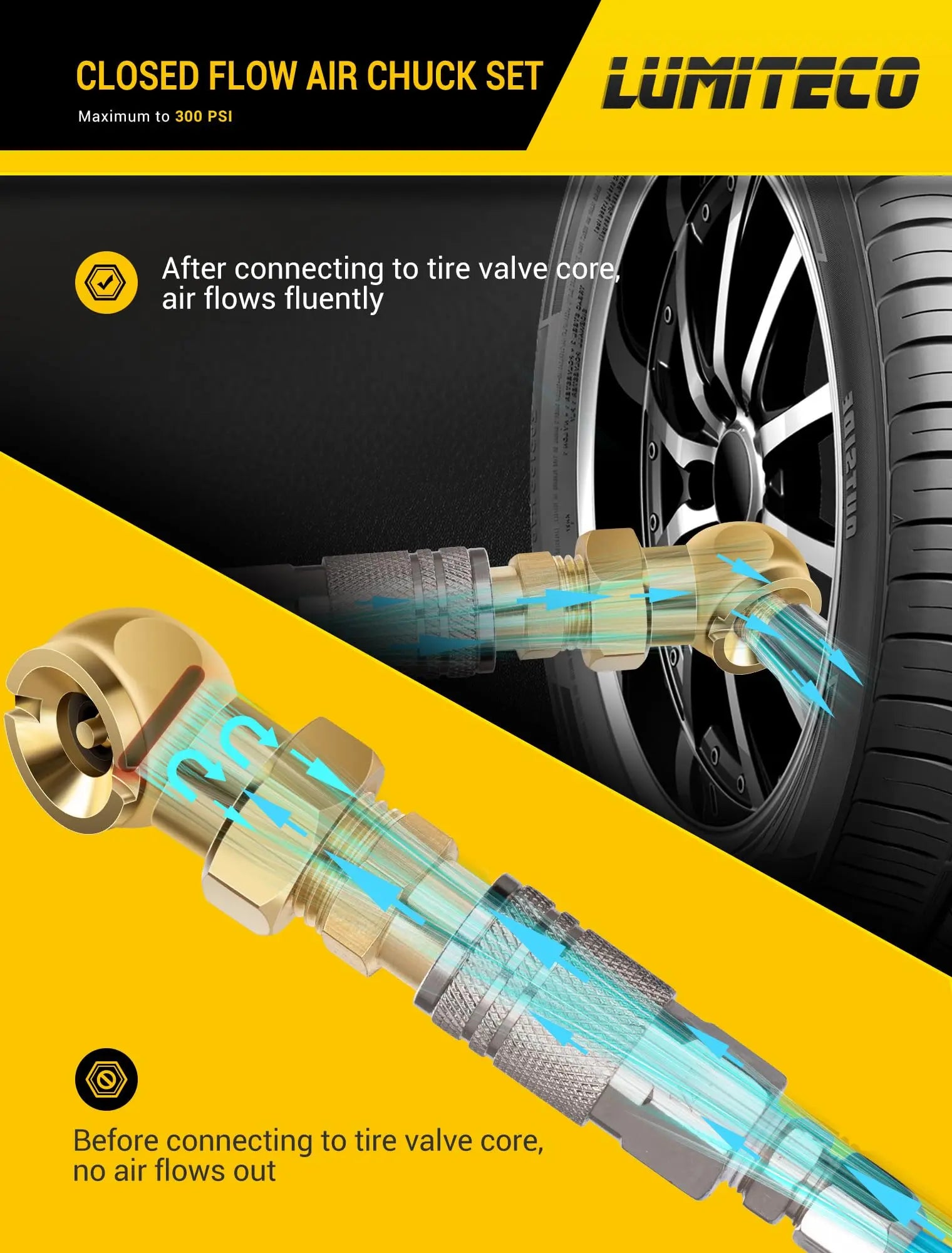 LUMITECO 2-Pack Ball Foot Air Chuck Set, 1/4" FNPT Closed Flow Tire Chuck Inflator Nozzle w/Air Chuck Quick Connect, Tire Air Nozzle for Tire Inflator Gauge, Tire Hose Tool, Air Compressor Attachments